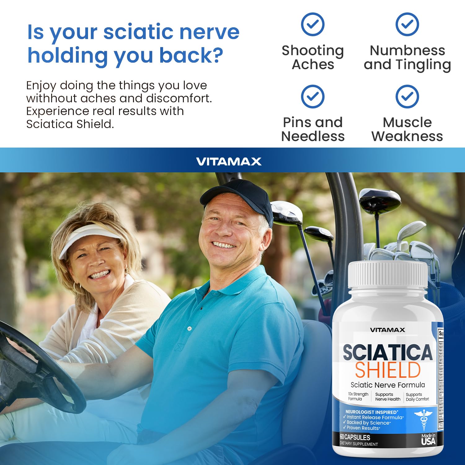 Vitamax Sciatica Shield Supplement bottle with cap off