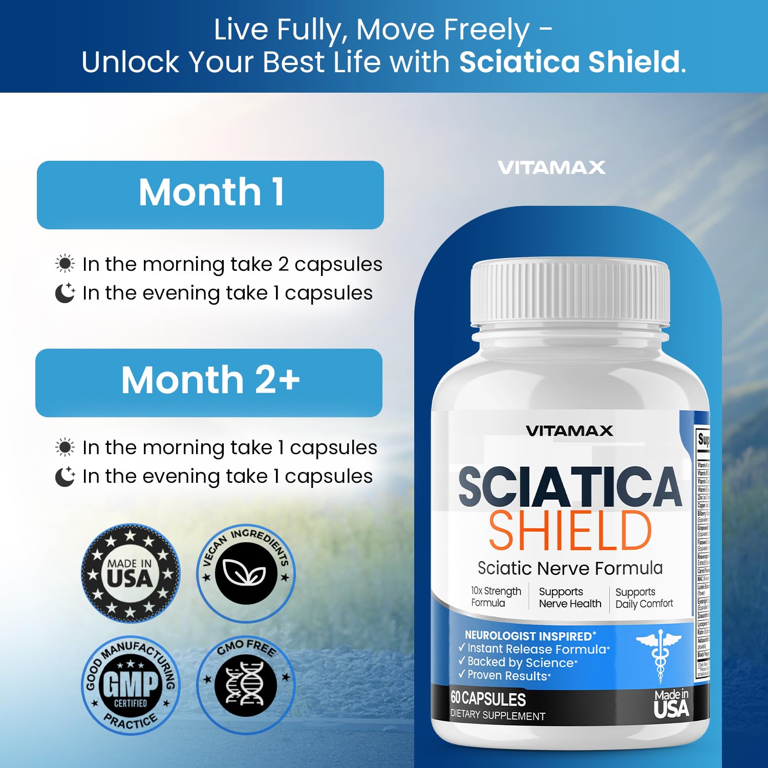 Vitamax Sciatica Shield Supplement capsules on a wooden surface