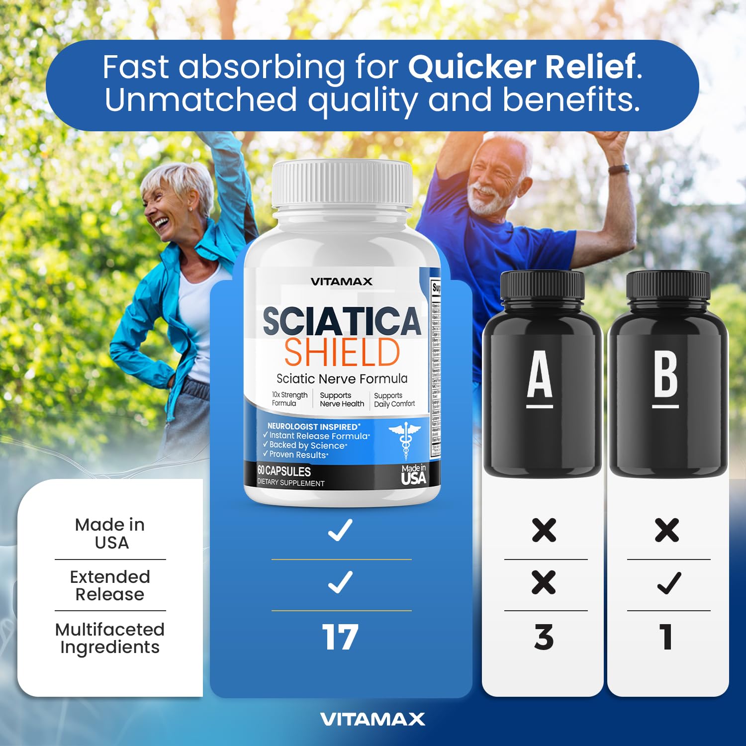 Vitamax Sciatica Shield Supplement lifestyle scene with healthy food