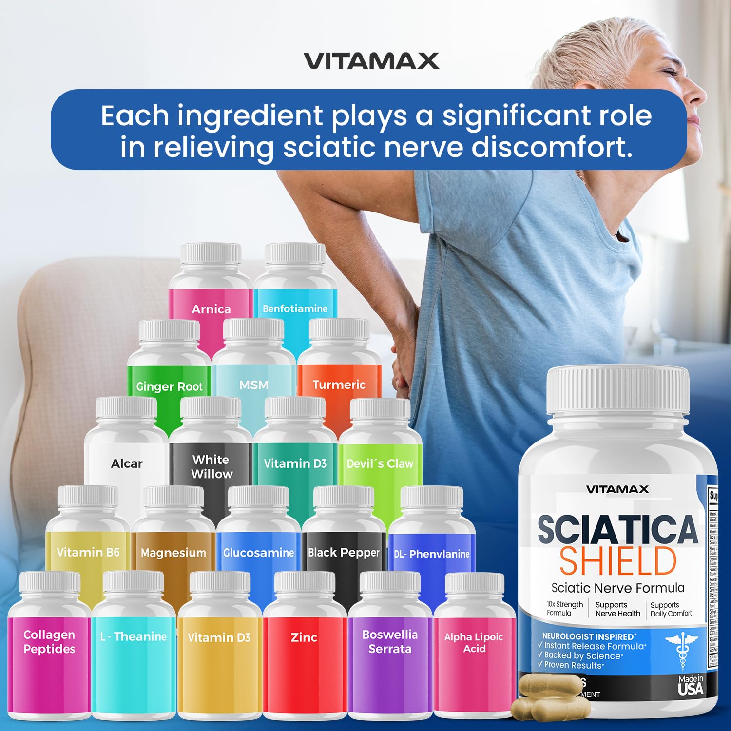 Vitamax Sciatica Shield Supplement packaging with ingredients list