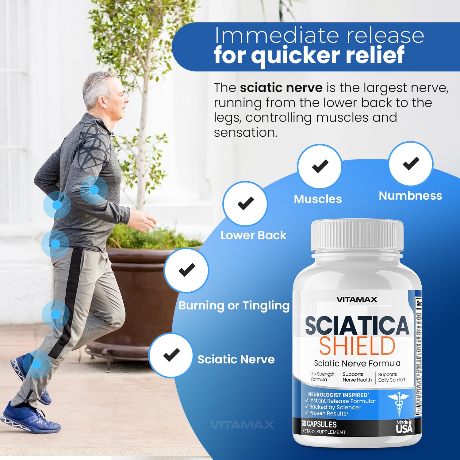Vitamax Sciatica Shield Supplement side view showing capsule details