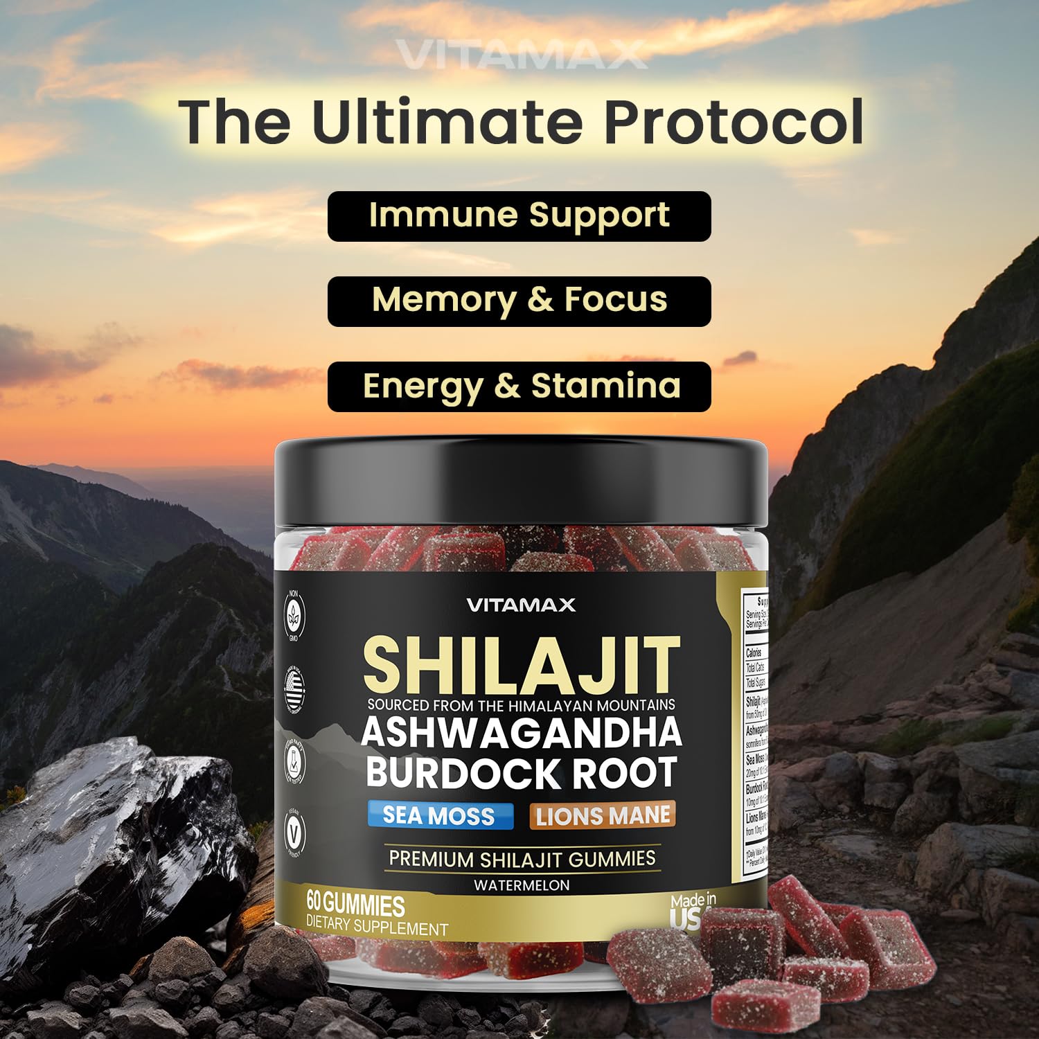 Vitamax Shilajit Gummies close-up showing individual gummies