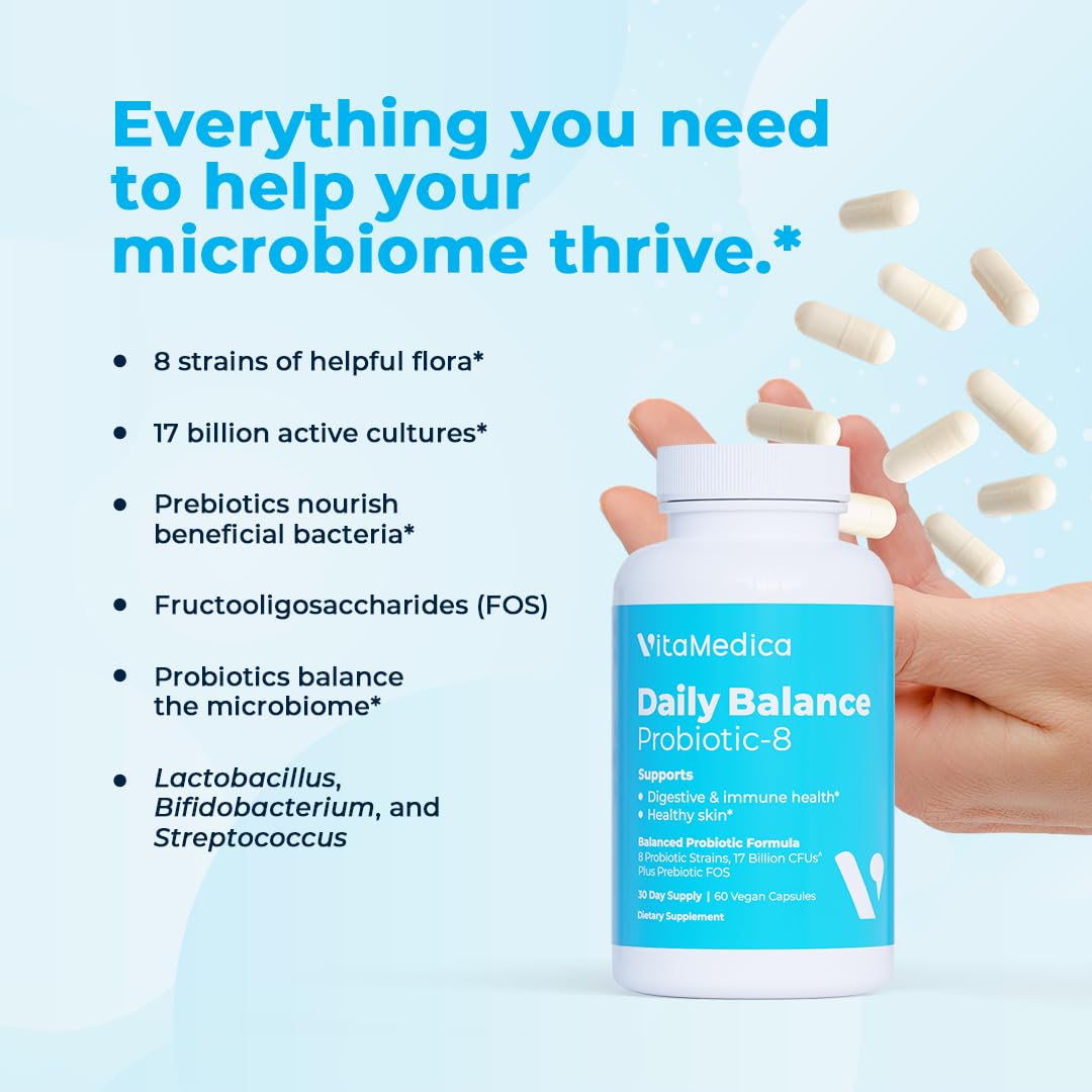 VitaMedica Probiotic 8 Daily Balance capsules on a wooden table
