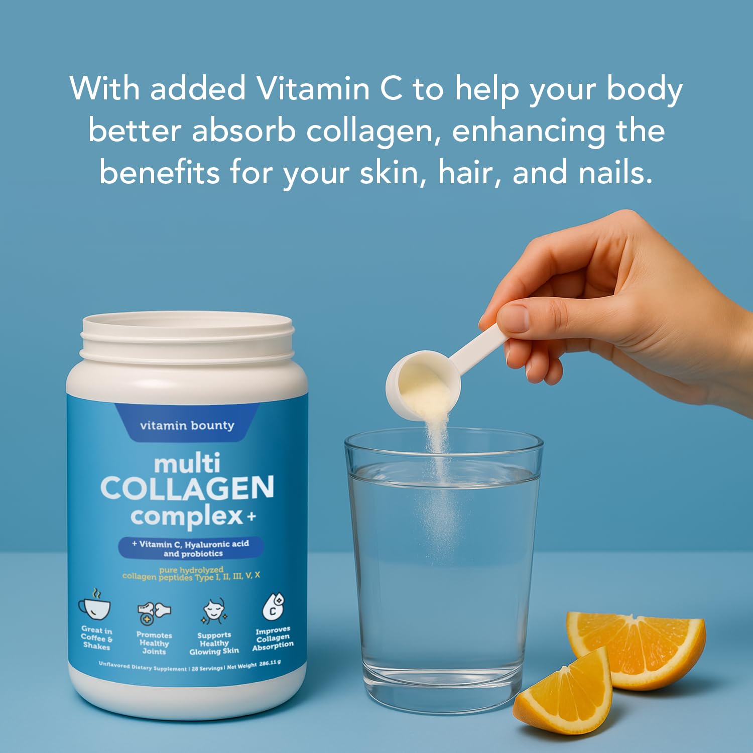 Vitamin Bounty Multi Collagen Complex 358g Powder mixed in a drink
