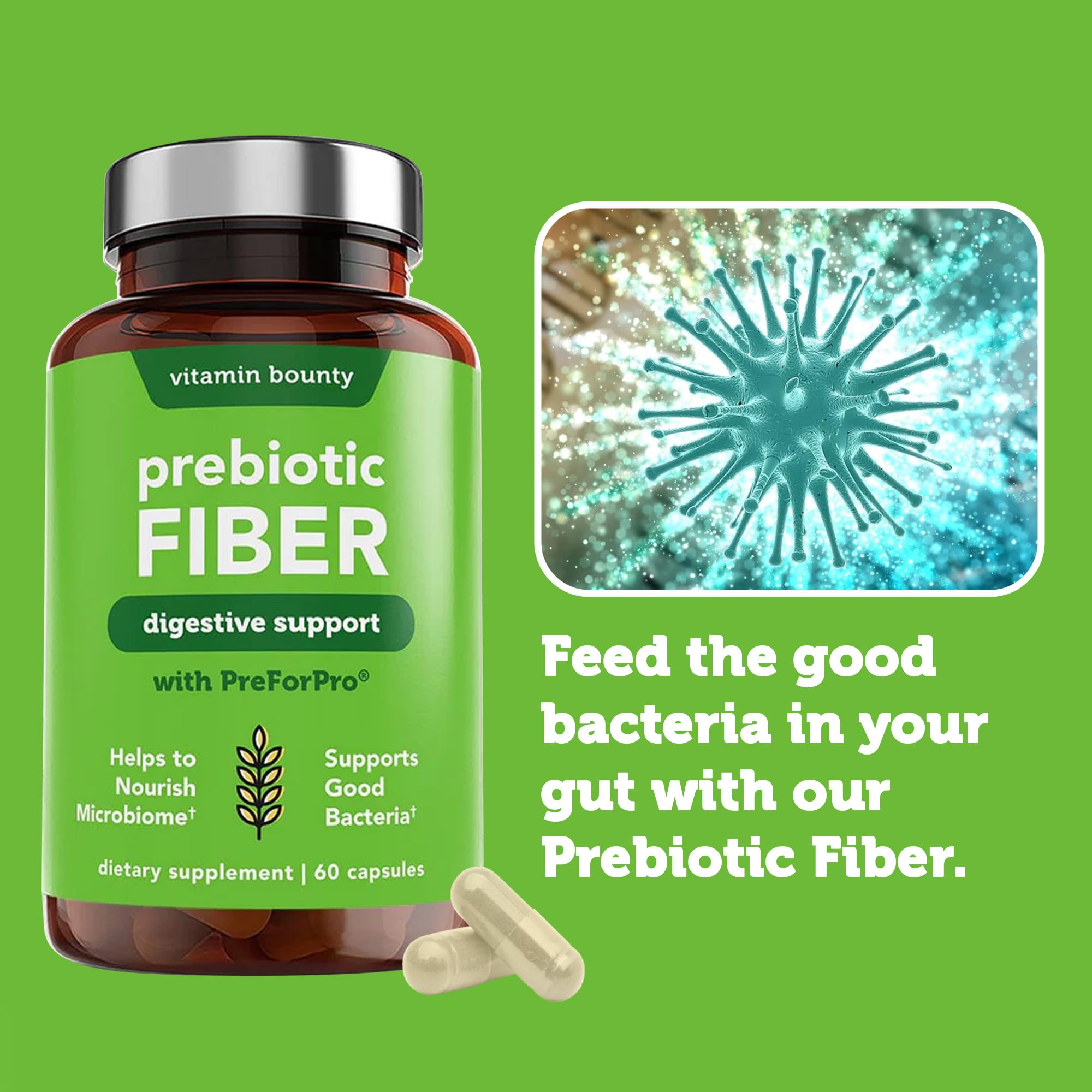 Vitamin Bounty Prebiotic Fiber Capsules on a wooden table