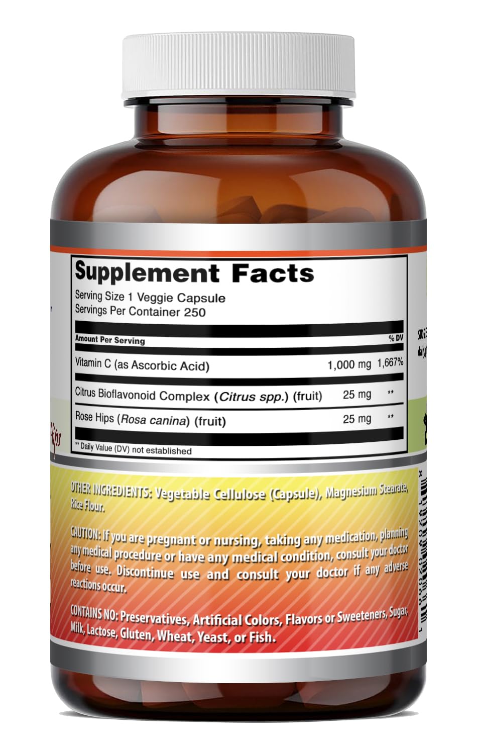 Vitamin C bottle with non-GMO and gluten-free labels