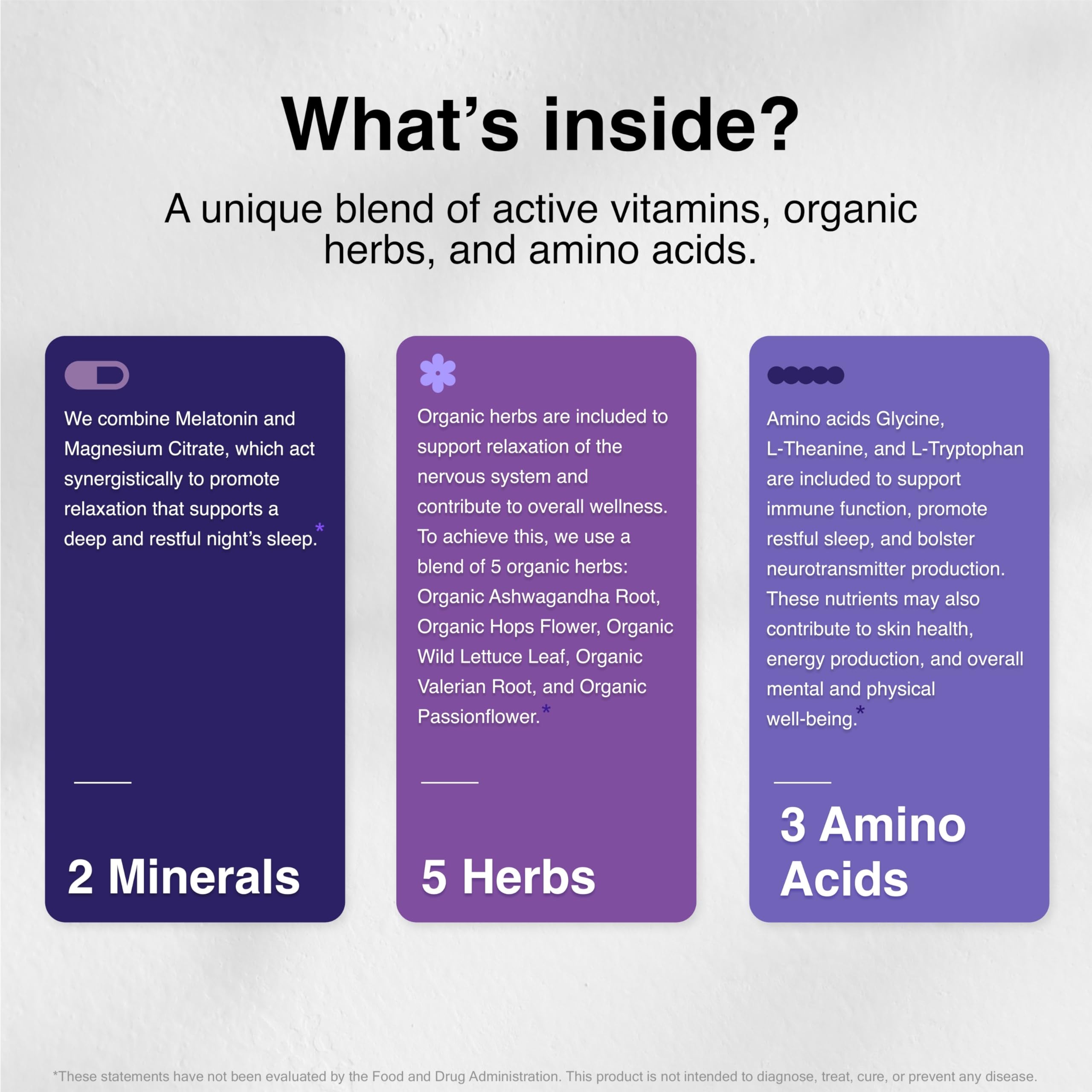 Vitamin Support Sleep Supplement Capsules with ingredients list