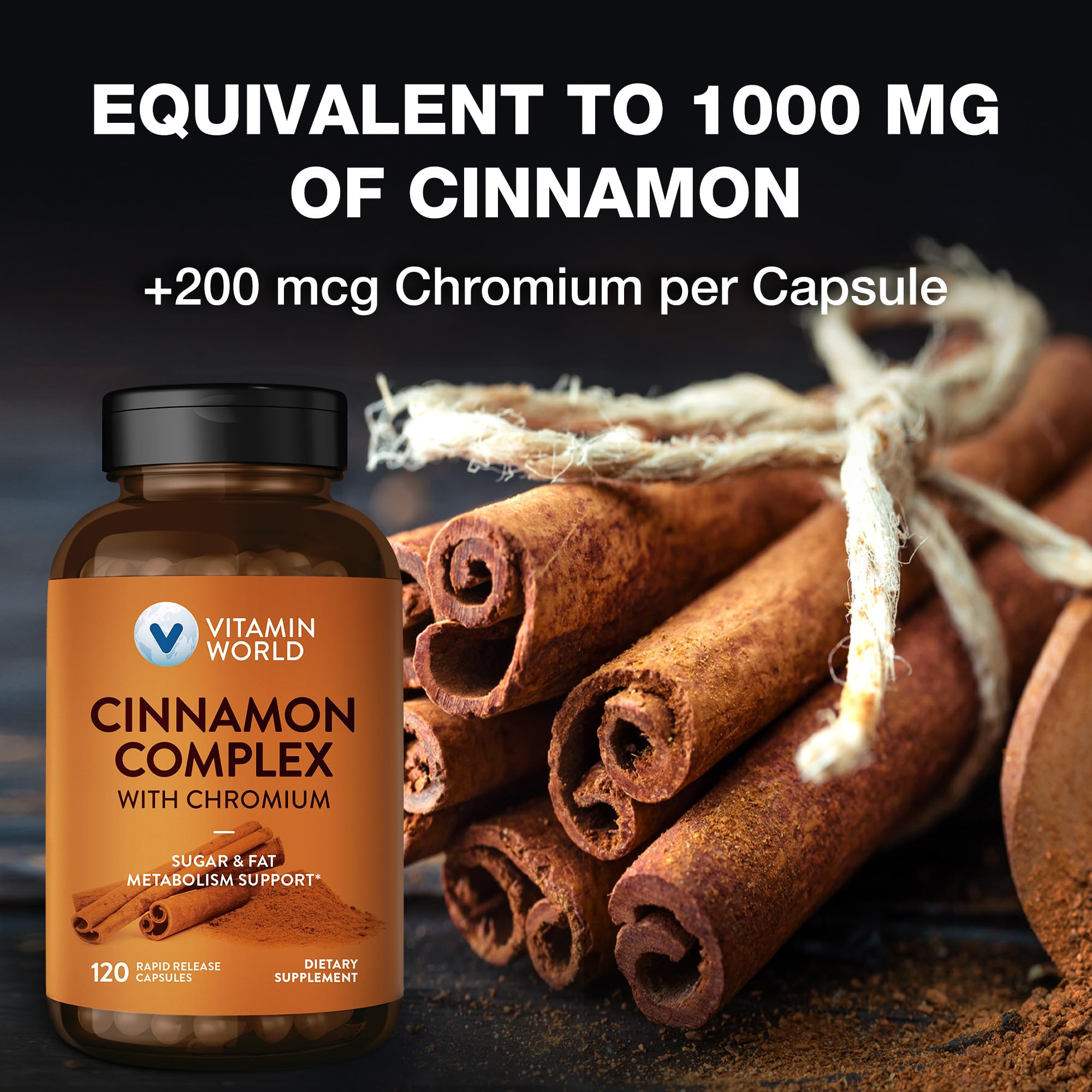 Vitamin World Cinnamon Complex 120 Capsules bottle with capsules
