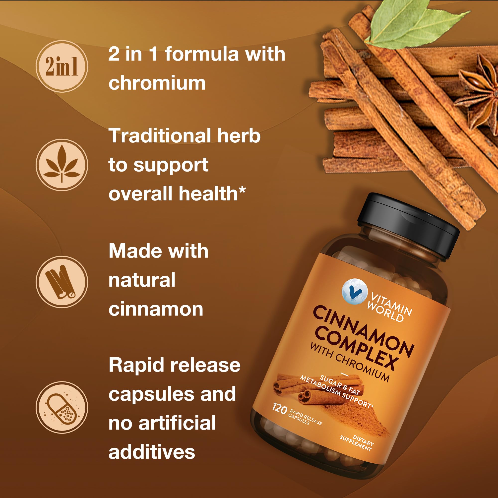 Vitamin World Cinnamon Complex 120 Capsules label close-up