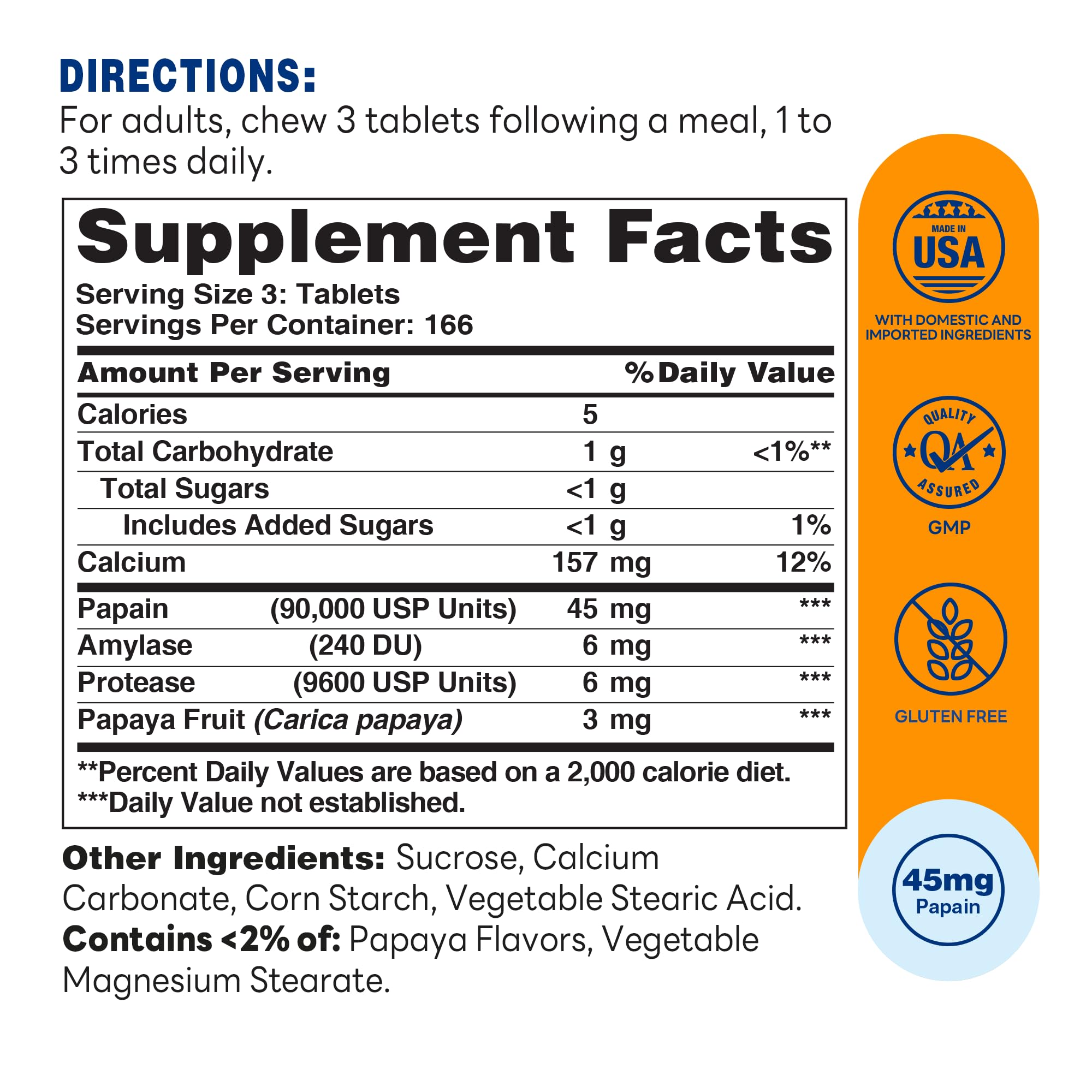 Vitamin World Papaya Enzymes Chewable Tablets close-up of label