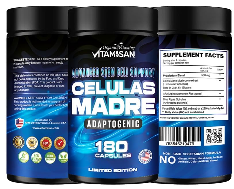 VITAMISAN Células Madre Adaptogenic supplement back view with ingredients