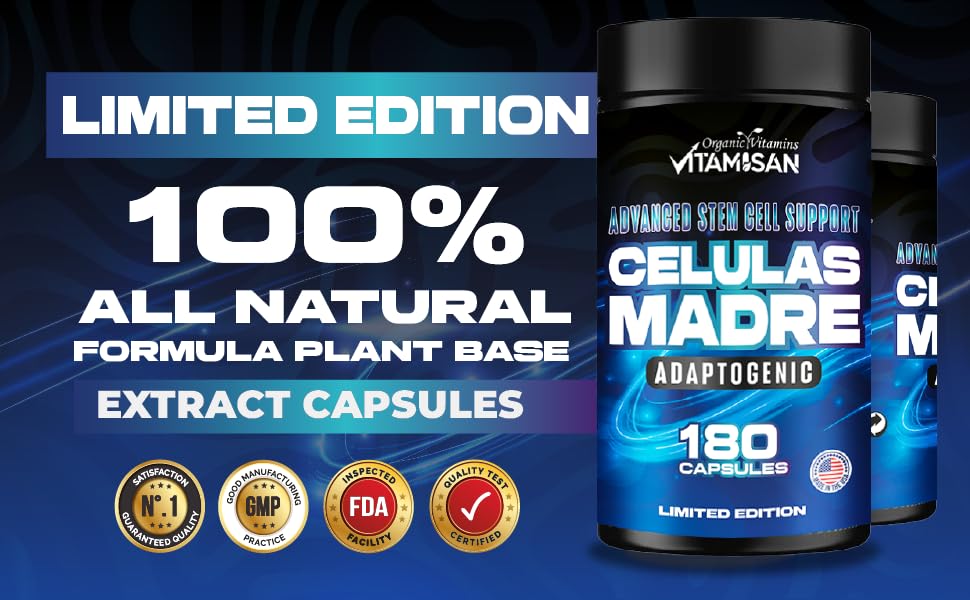 VITAMISAN Células Madre Adaptogenic supplement packaging on a wooden table