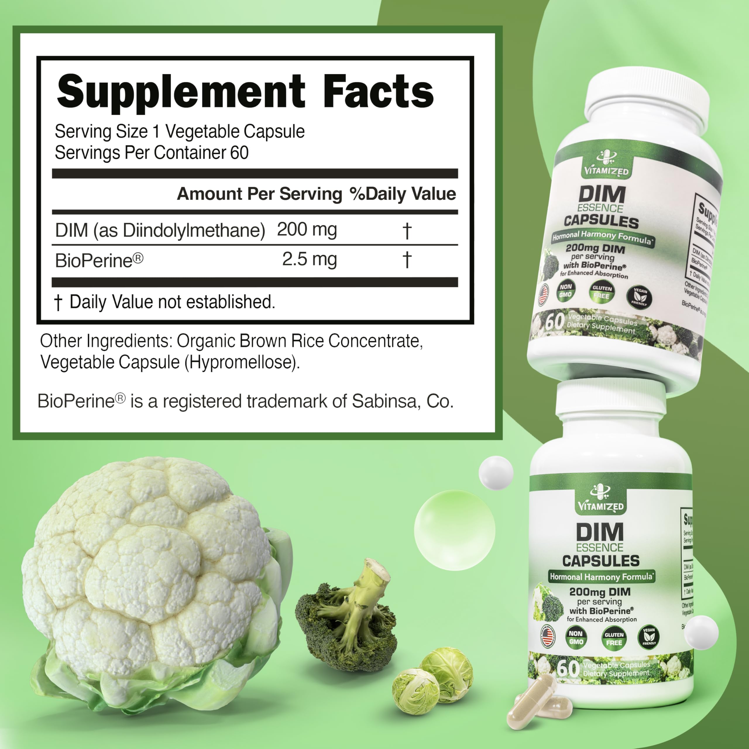 VITAMIZED DIM 200mg capsules on a wooden table