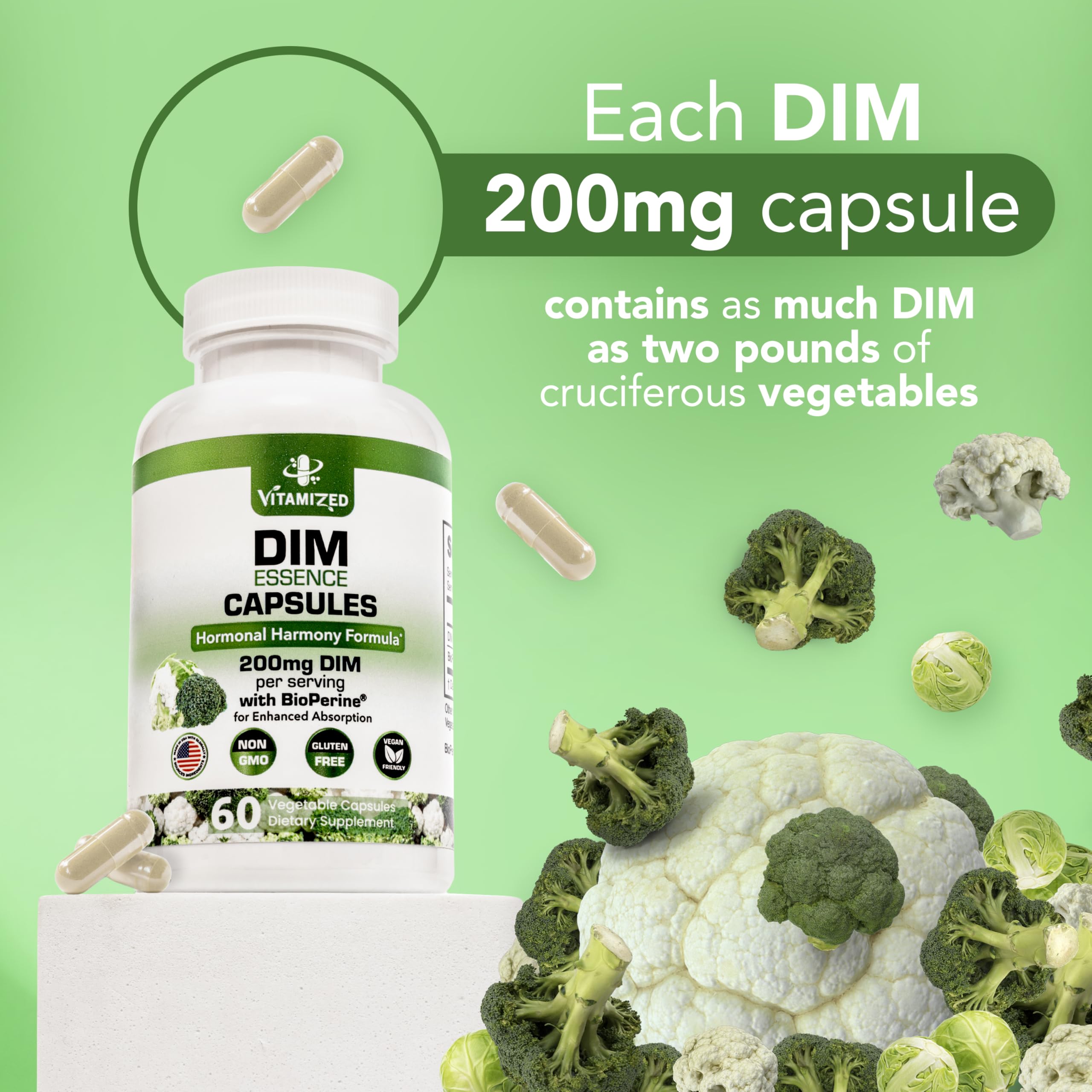 VITAMIZED DIM 200mg capsules open bottle showing capsules