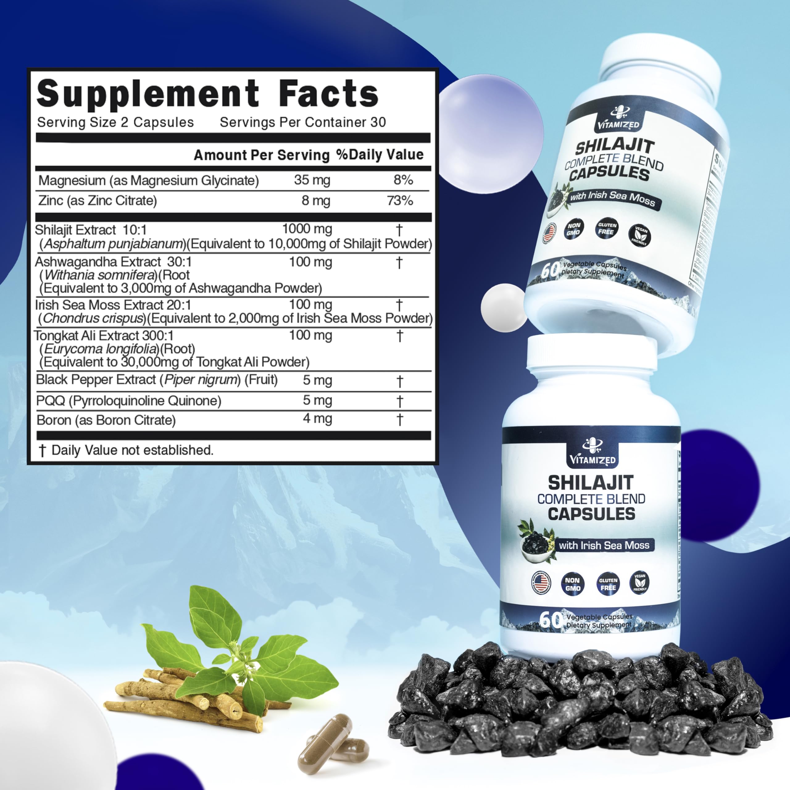 VITAMIZED Shilajit Capsules with Ashwagandha and Tongkat Ali ingredients