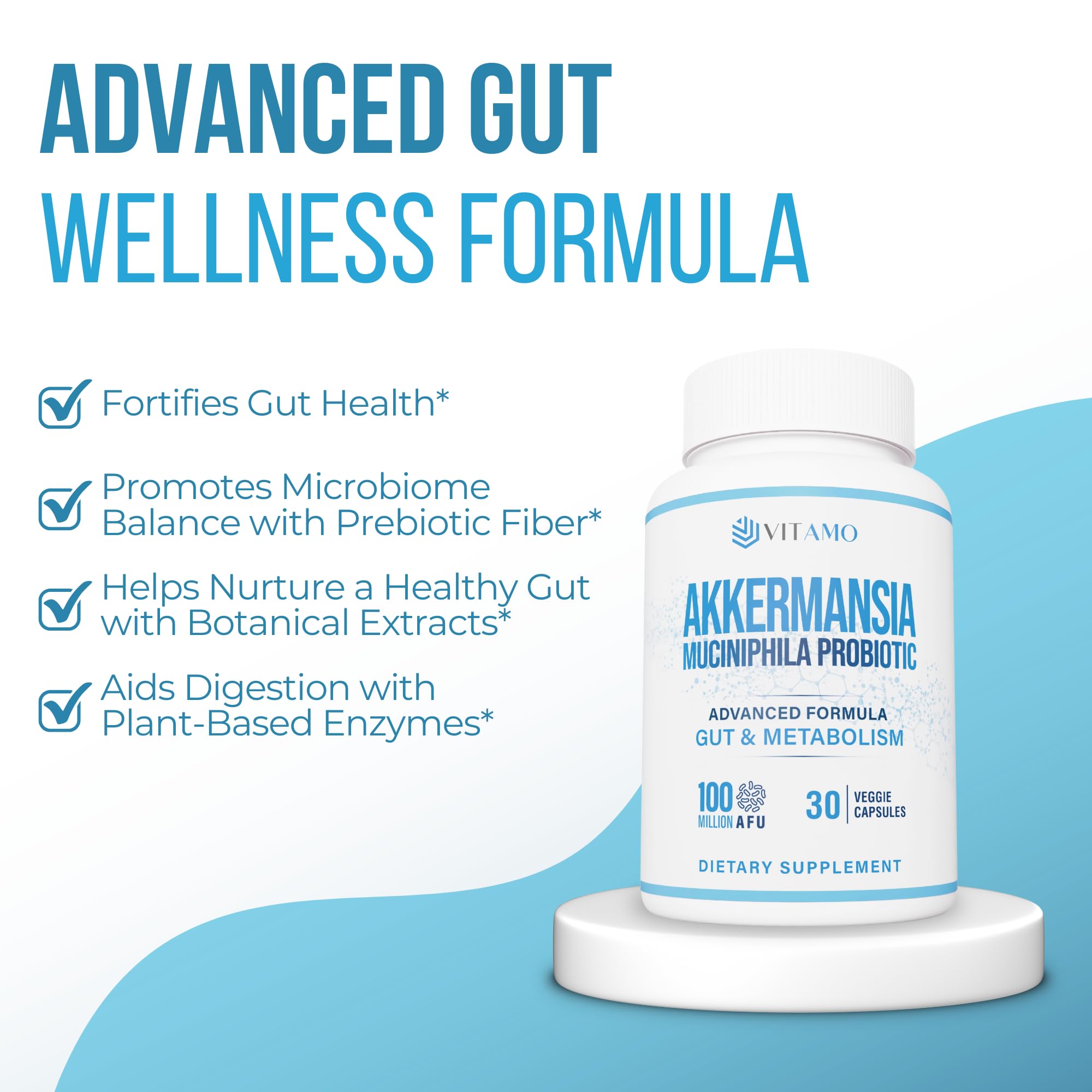 Vitamo Probiotic Supplement capsules on a wooden table