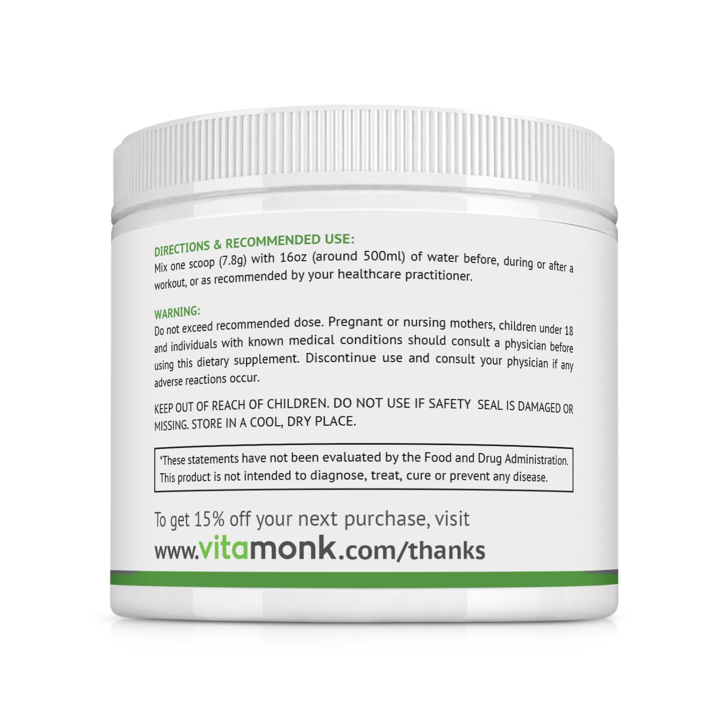 VitaMonk Clean EAAs Amino Acid Powder displayed on a kitchen counter