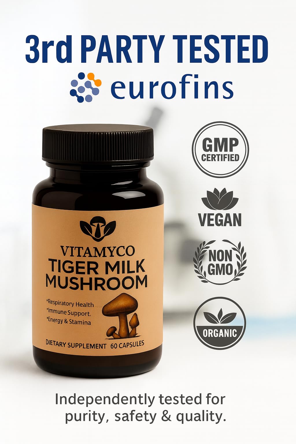 Vitamyco Tiger Milk Mushroom capsules with a measuring spoon