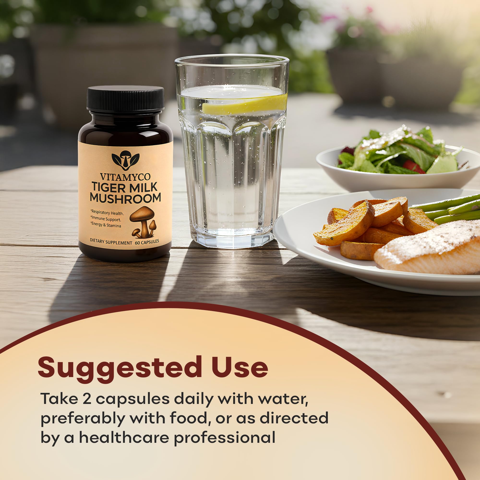 Vitamyco Tiger Milk Mushroom capsules with dosage information