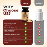 Vitamyco Tiger Milk Mushroom supplement bottle on a wooden table