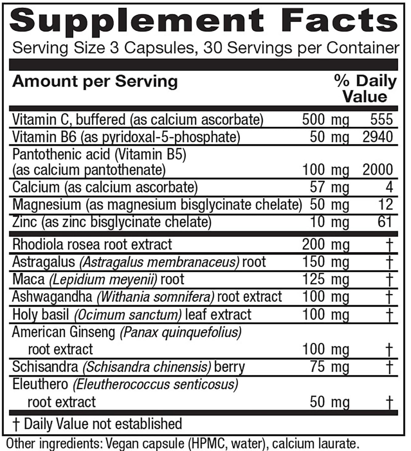 Vitanica Adrenal Assist 118g side view showing ingredients list
