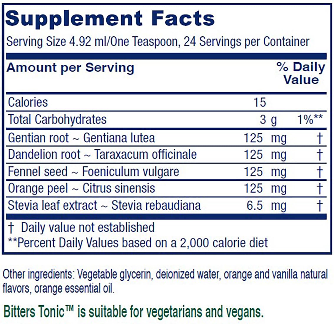 Vitanica Bitters Tonic ingredients list on the label