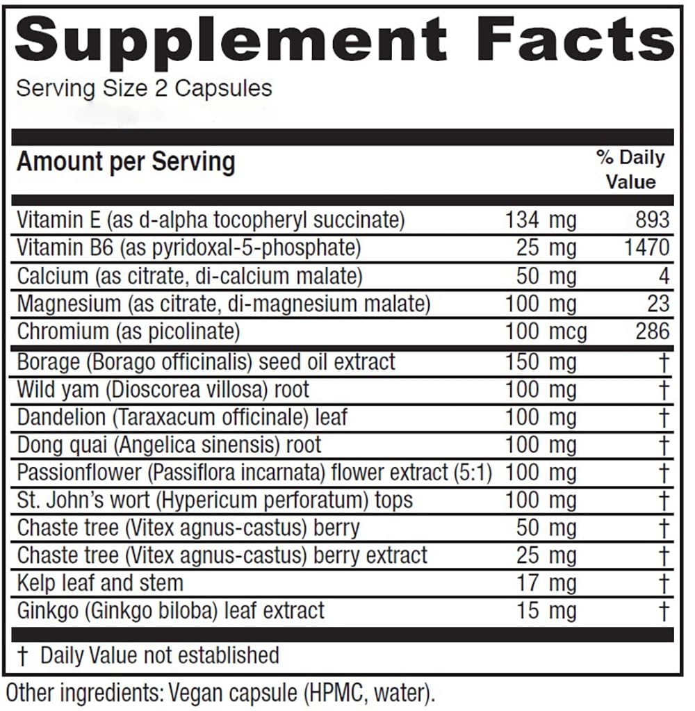 Vitanica Premenstrual Support Capsules side view showing ingredients list
