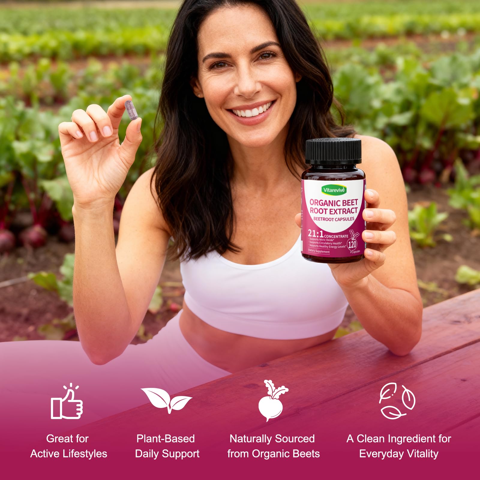 Vitarevive Beet Root Capsules on a wooden table
