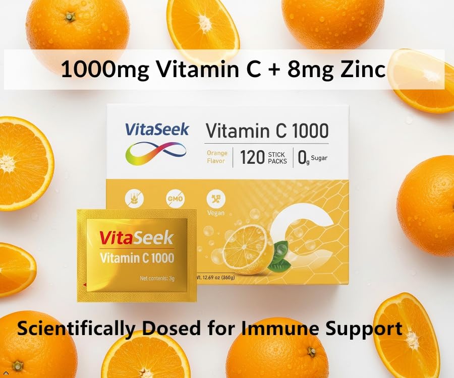 VitaSeek Vitamin C + Zinc sachet close-up showing details