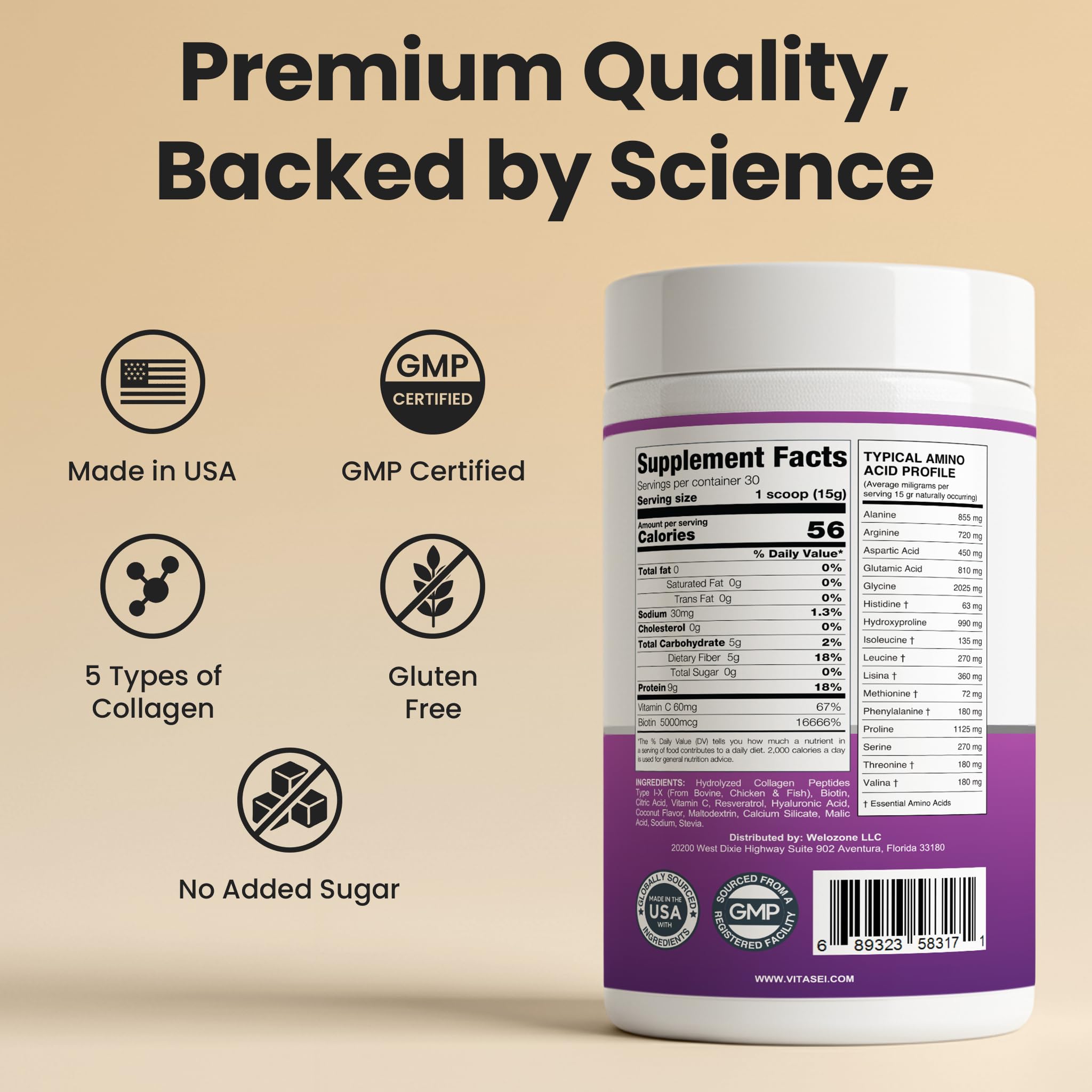 VITASEI Collagen Peptides Powder 450g nutritional information