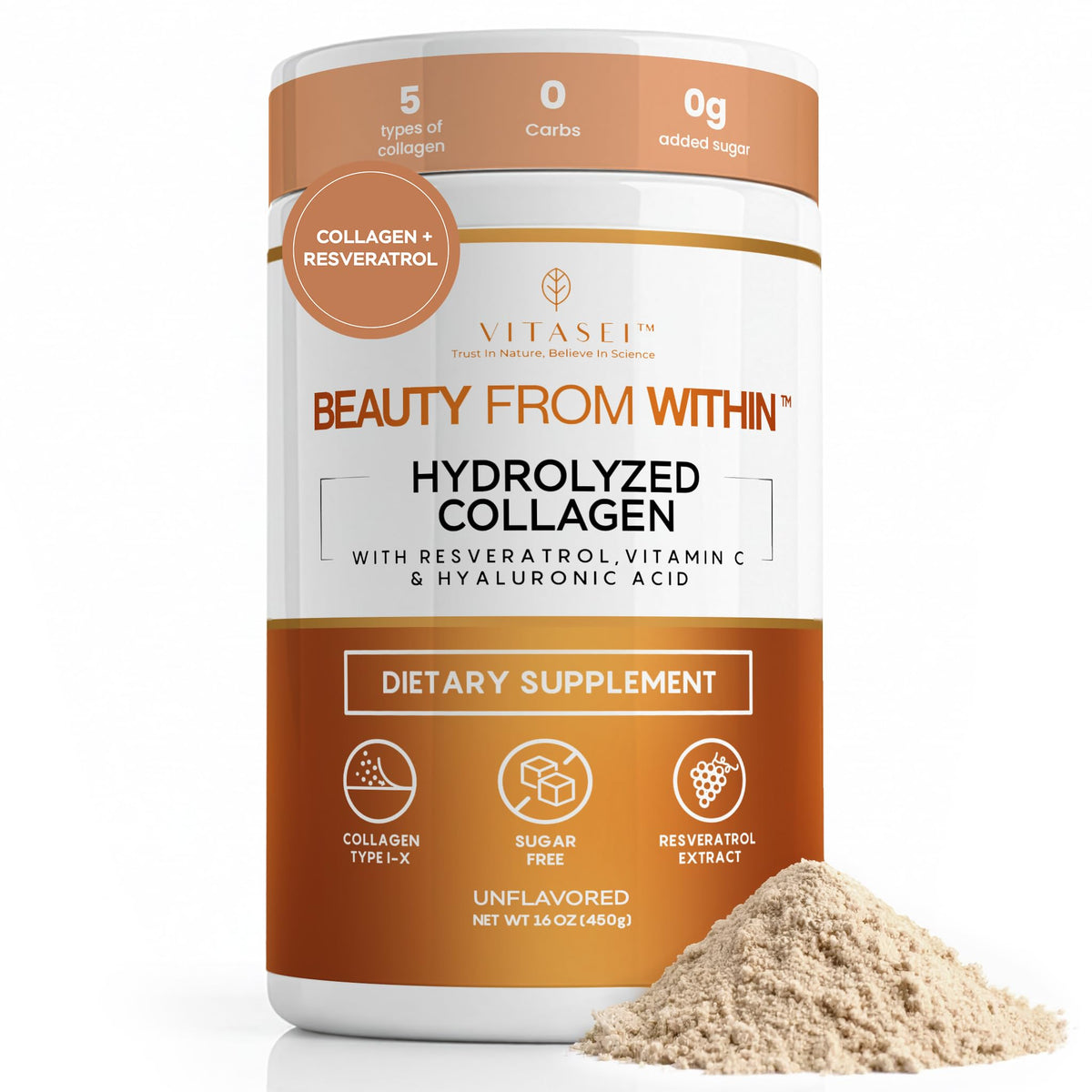VITASEI Hydrolyzed Collagen Peptides Powder 454g front view