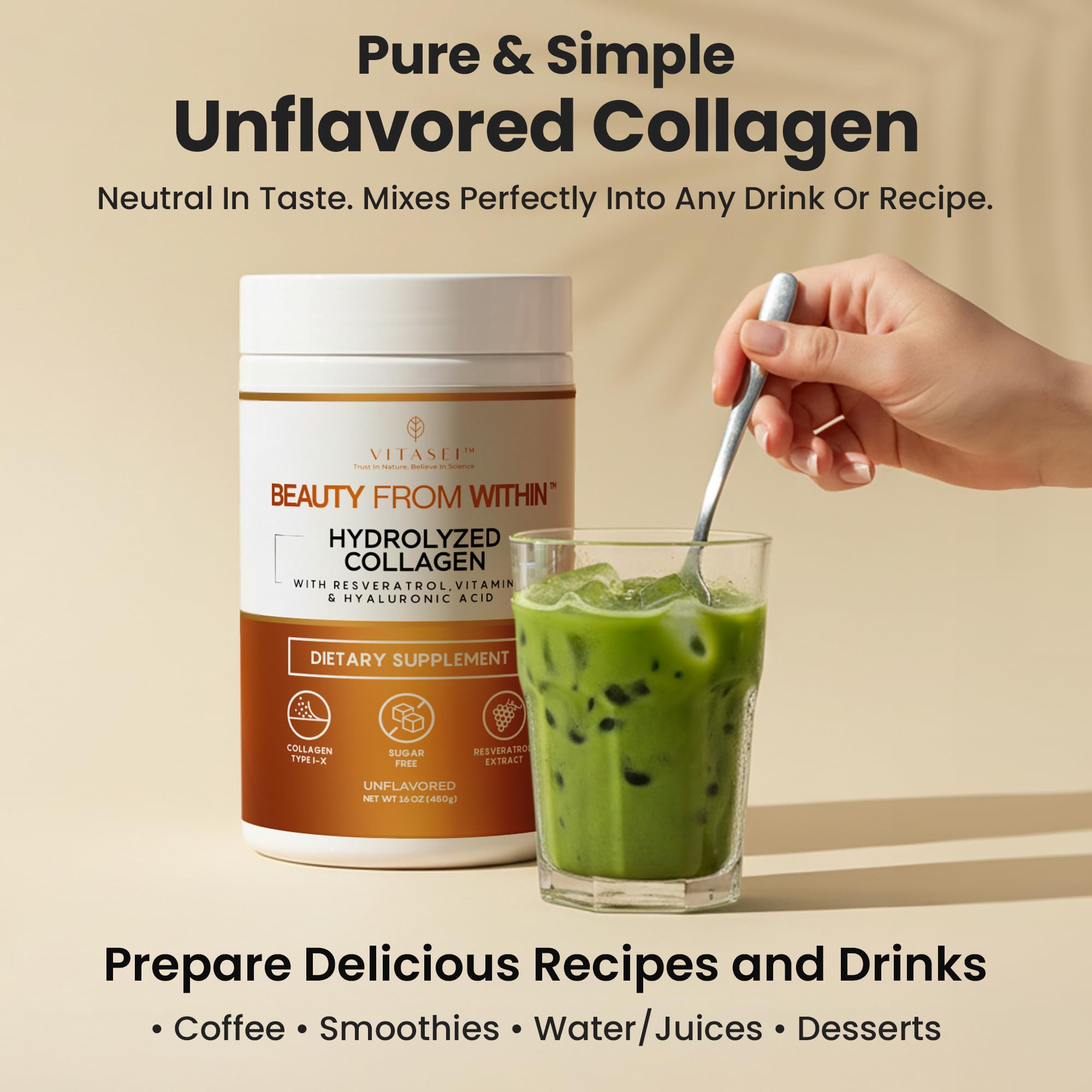 VITASEI Hydrolyzed Collagen Peptides Powder 454g scoop