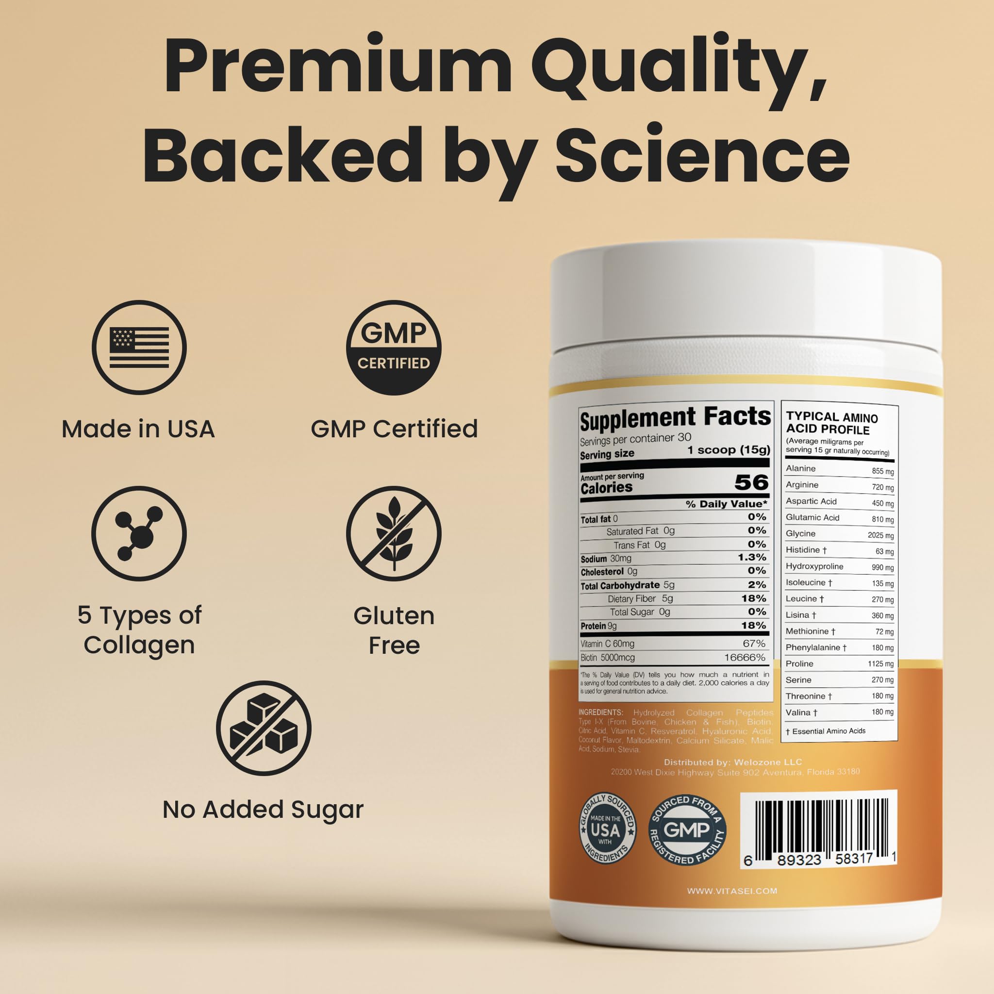 VITASEI Hydrolyzed Collagen Peptides Powder in a coffee