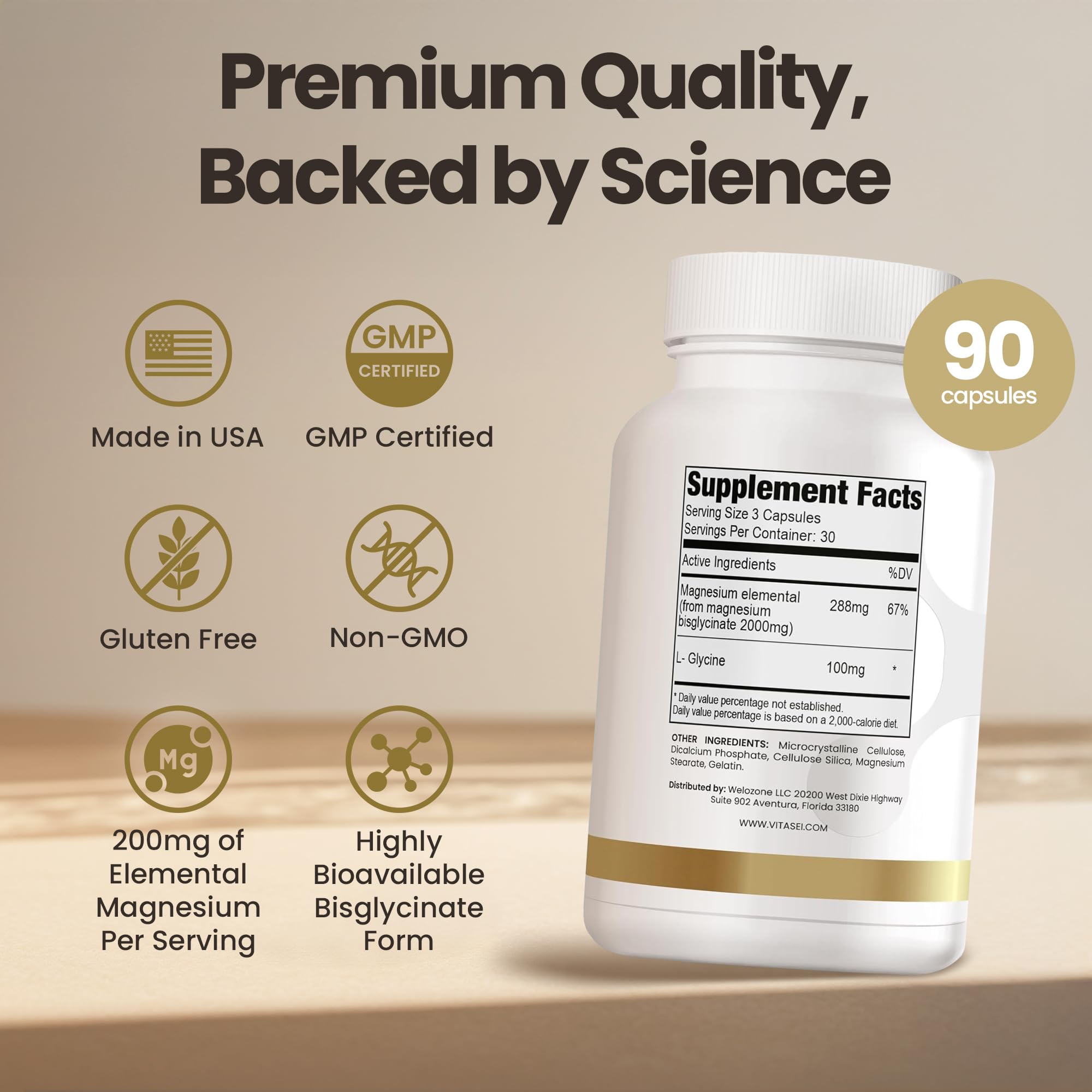 VITASEI Magnesium Bisglycinate 288mg bottle on a kitchen counter