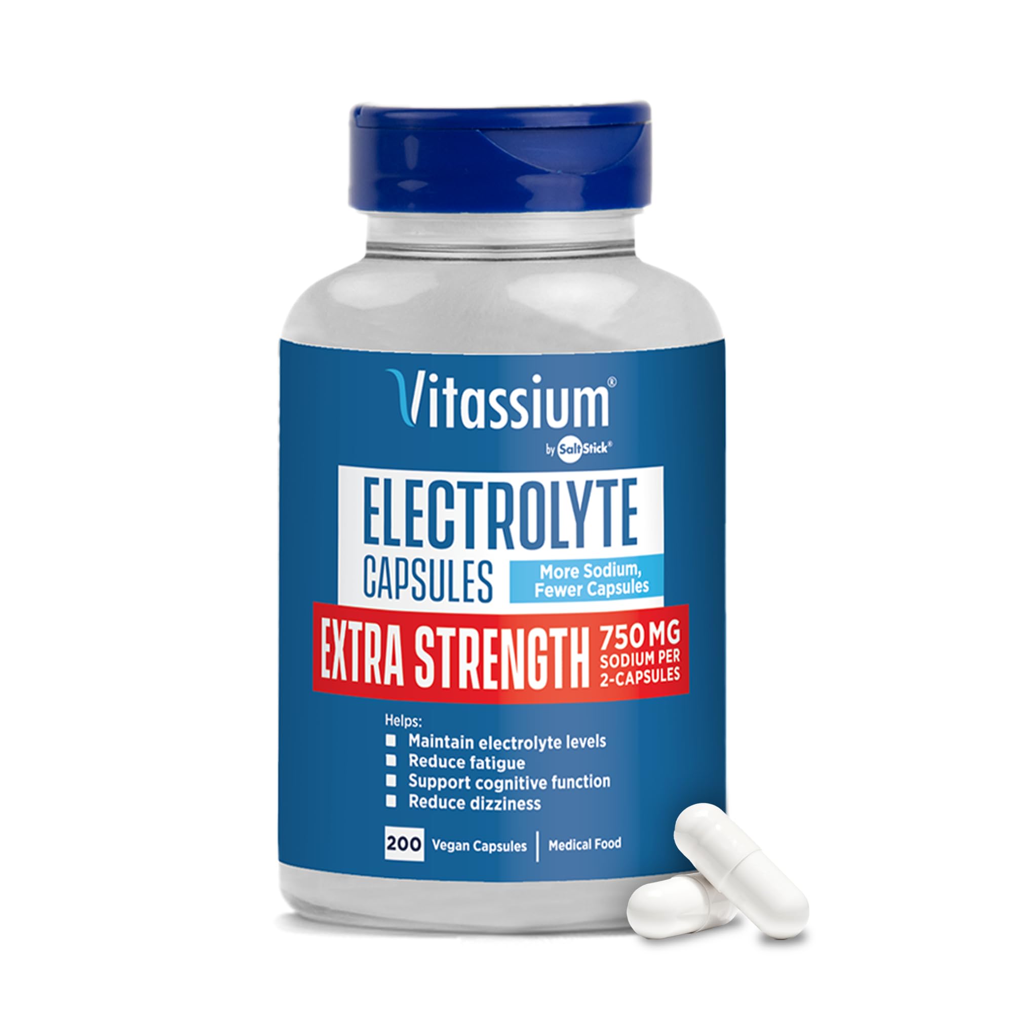 Vitassium Electrolyte Capsules front view in flip-top bottle