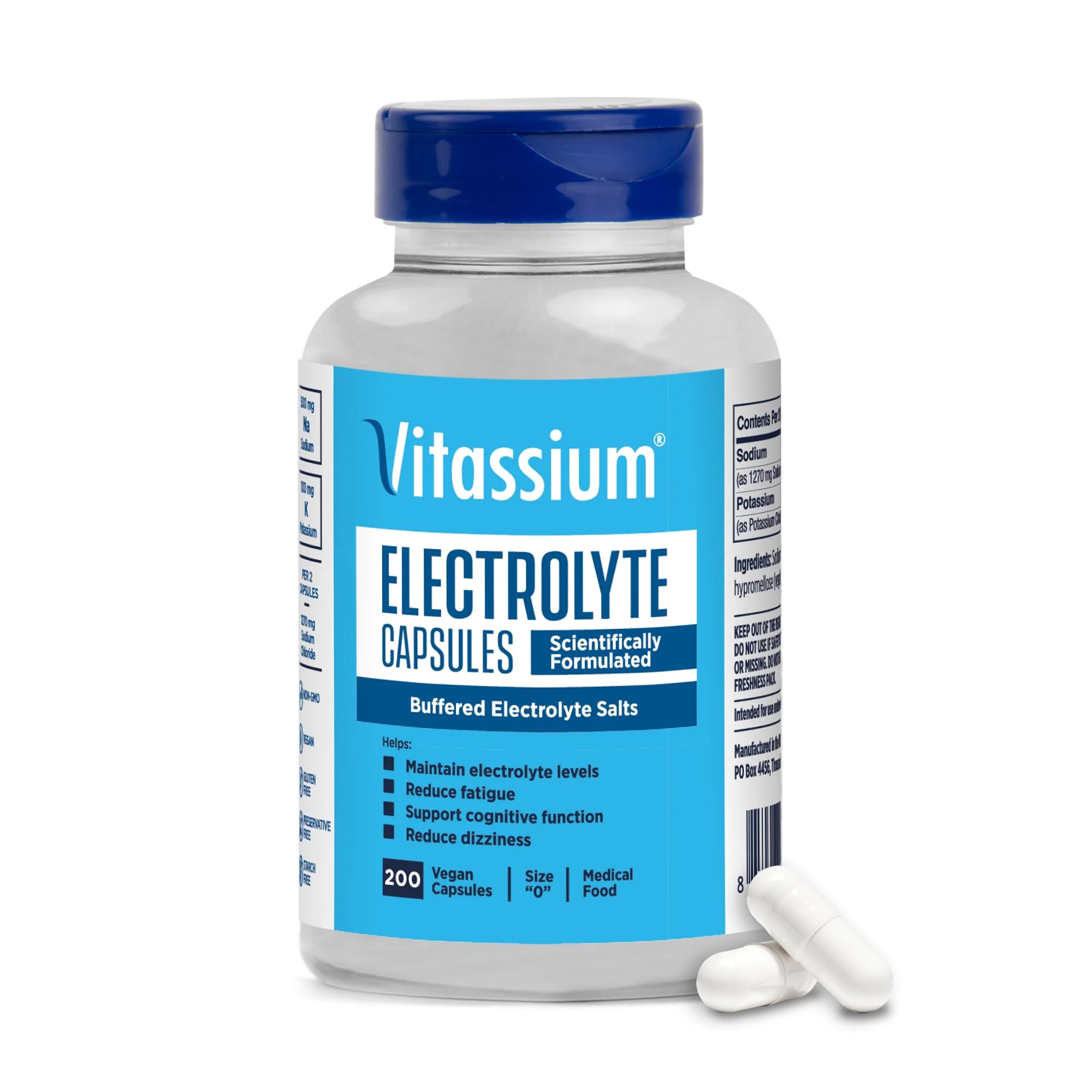 Vitassium Electrolyte Capsules front view with bottle