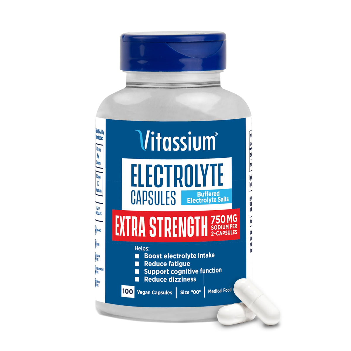 Vitassium Electrolyte Capsules front view with flip-top bottle