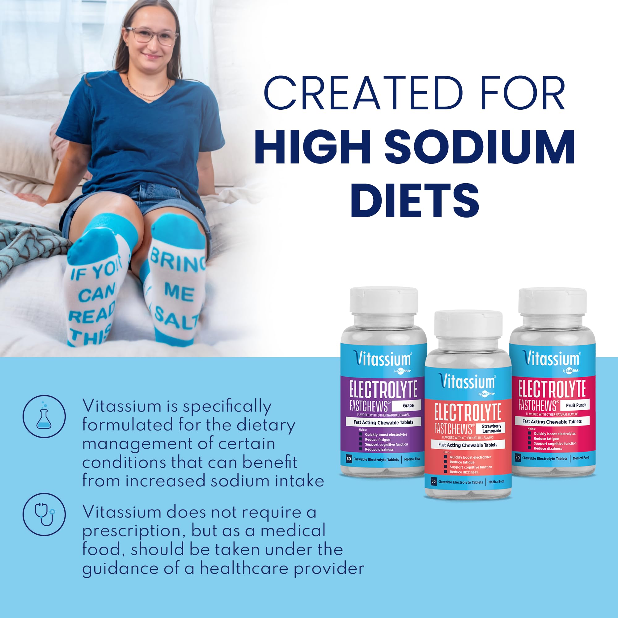 Vitassium FastChews chewable electrolyte tablets on a table