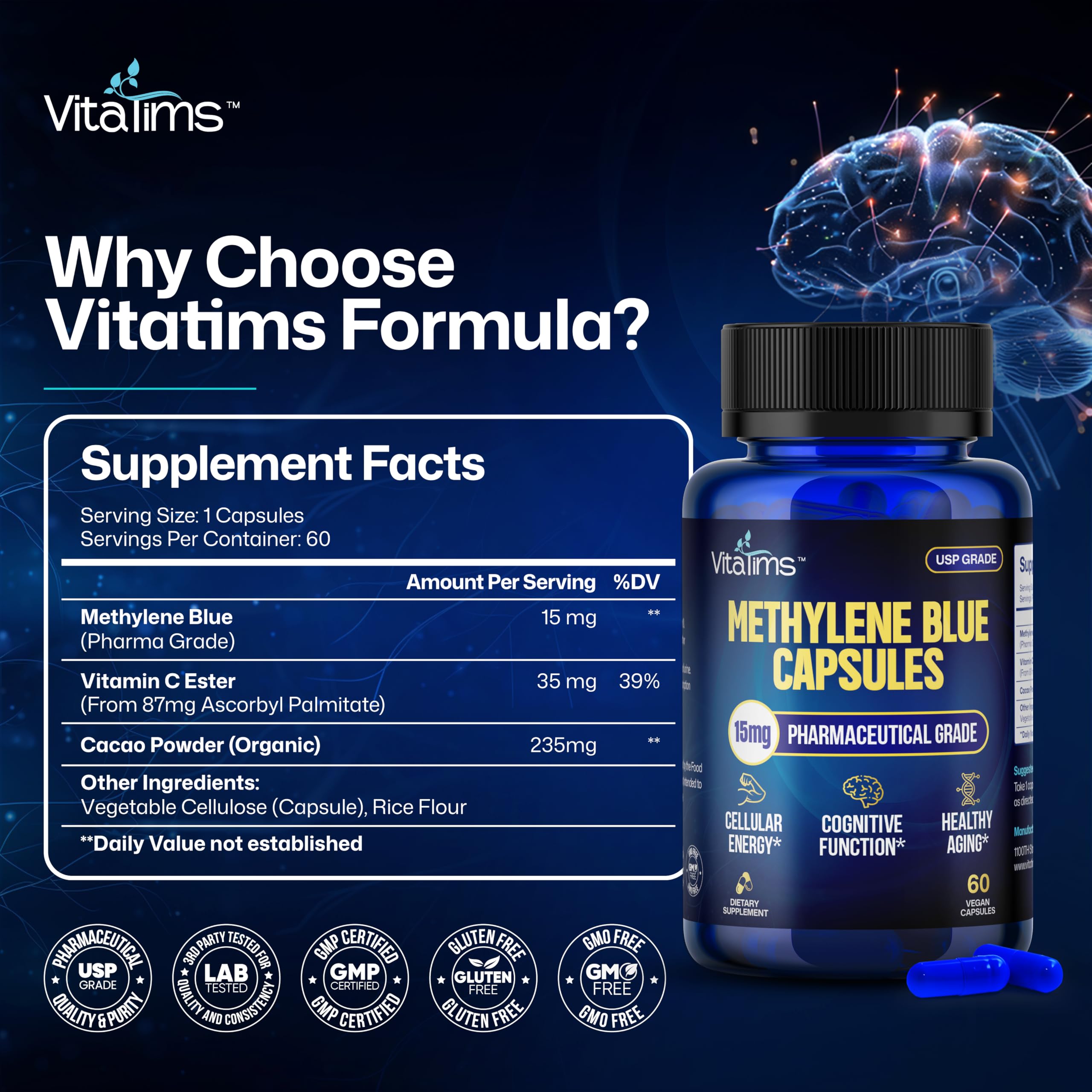Vitatims Methylene Blue Capsules in a lifestyle setting