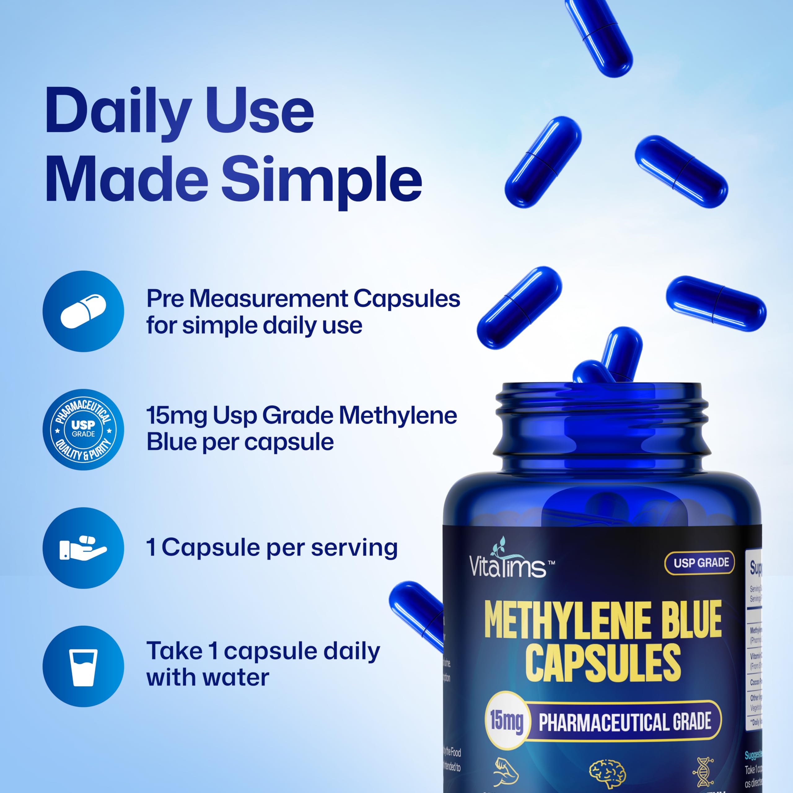 Vitatims Methylene Blue Capsules on a wooden table