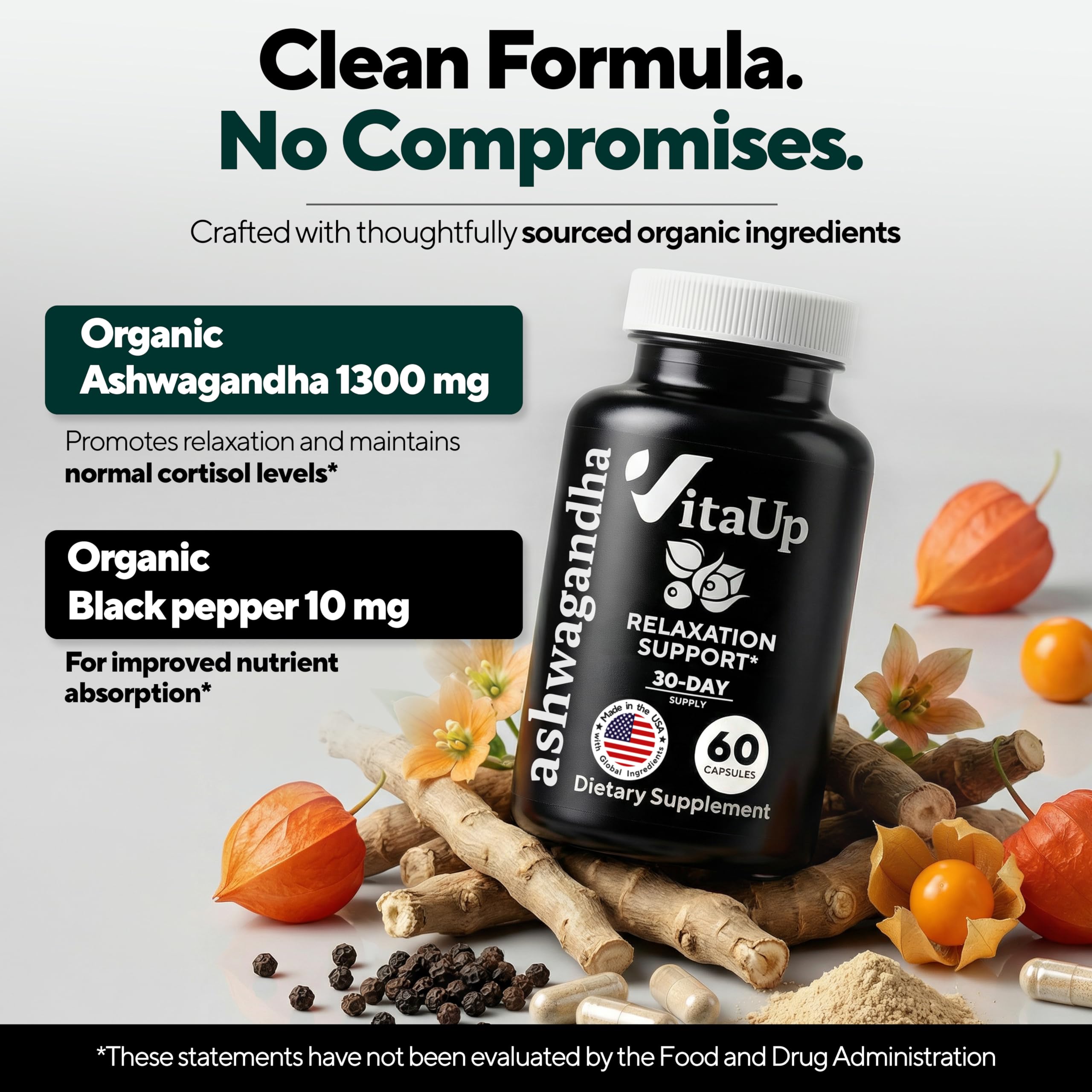 VitaUp Ashwagandha Capsules 1300mg bottle with label