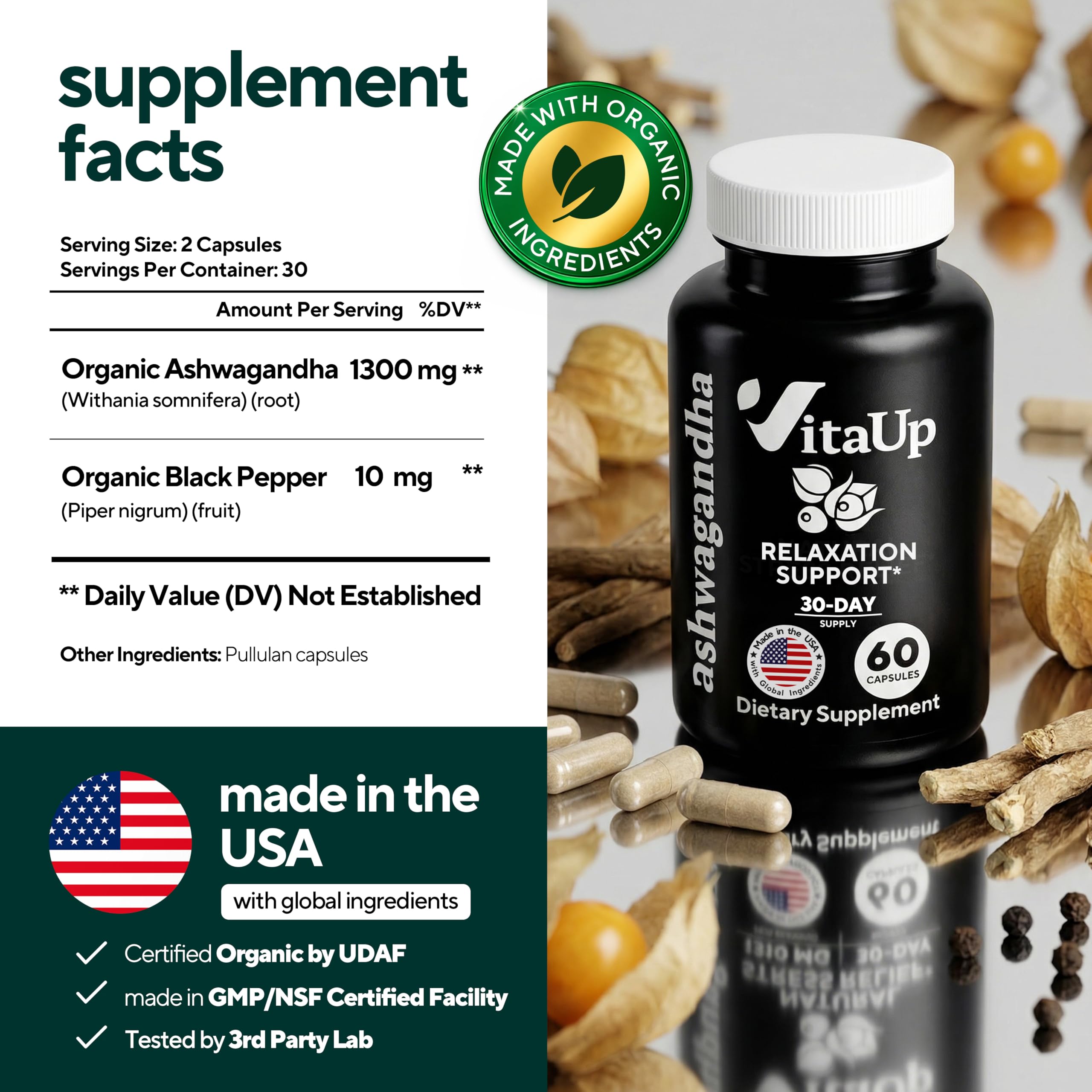 VitaUp Ashwagandha Capsules 1300mg side view