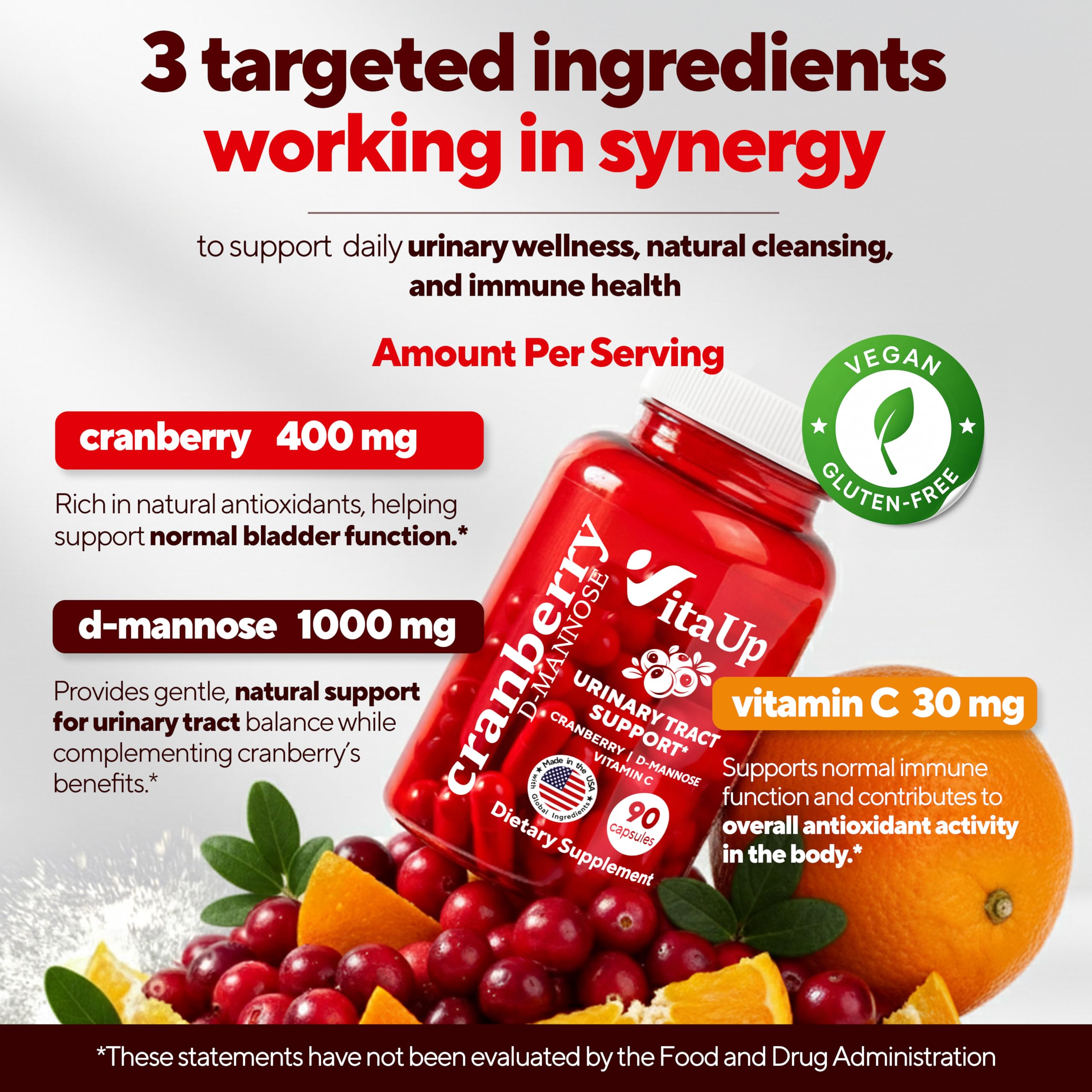 VitaUp Cranberry D-Mannose Capsules back view with ingredient list