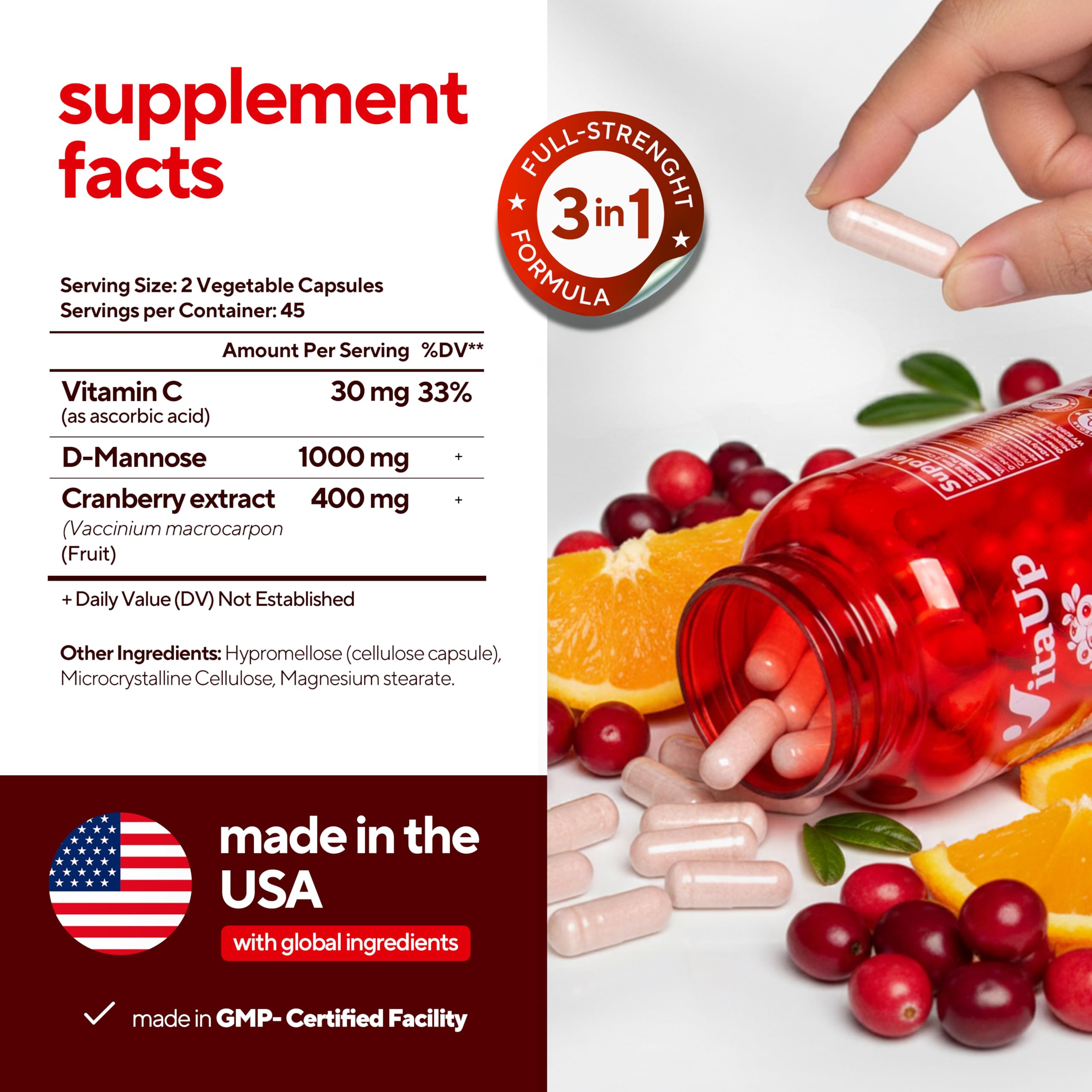 VitaUp Cranberry D-Mannose Capsules side view showing dosage