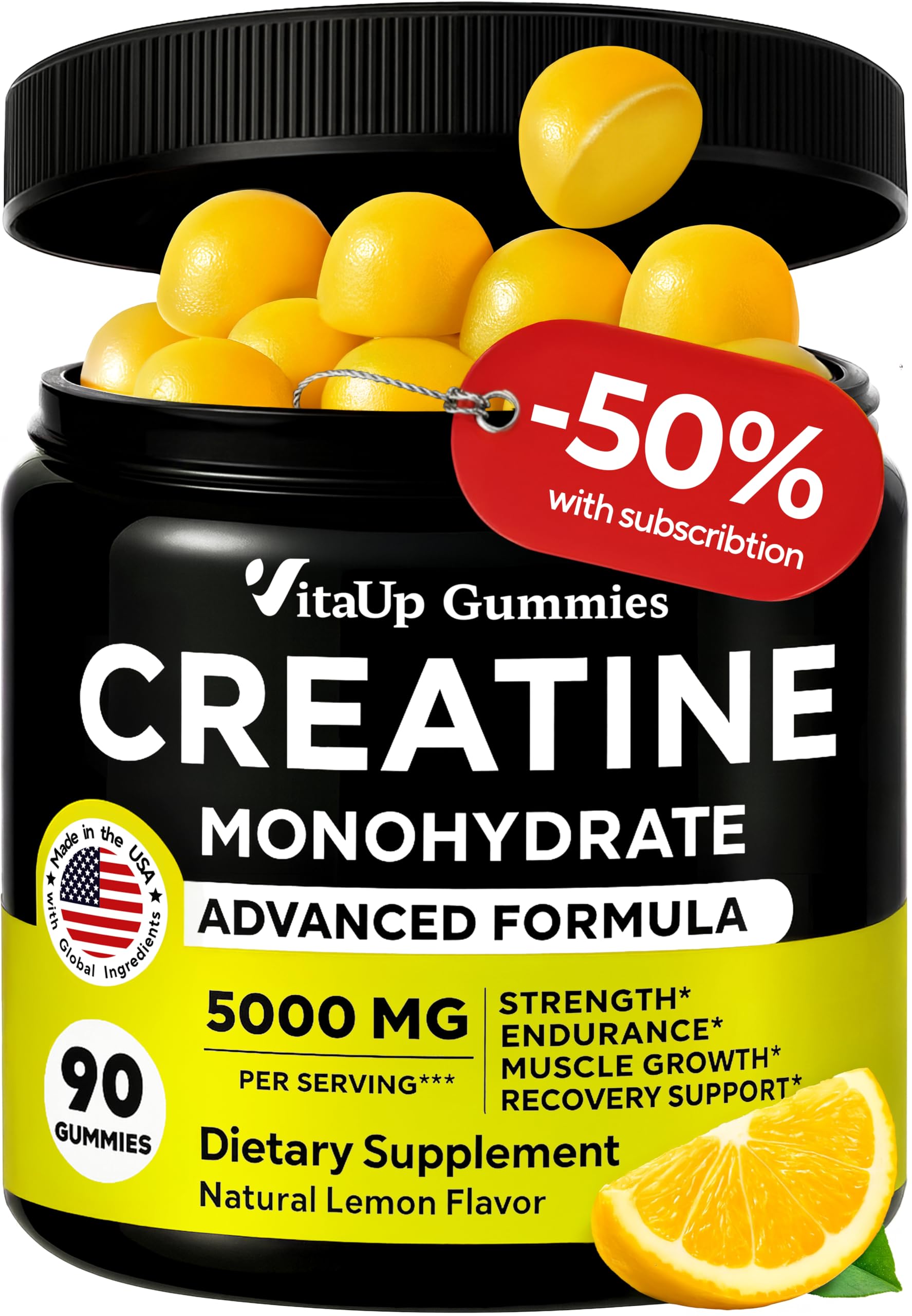 VitaUp Creatine Monohydrate Gummies front view with lemon flavour