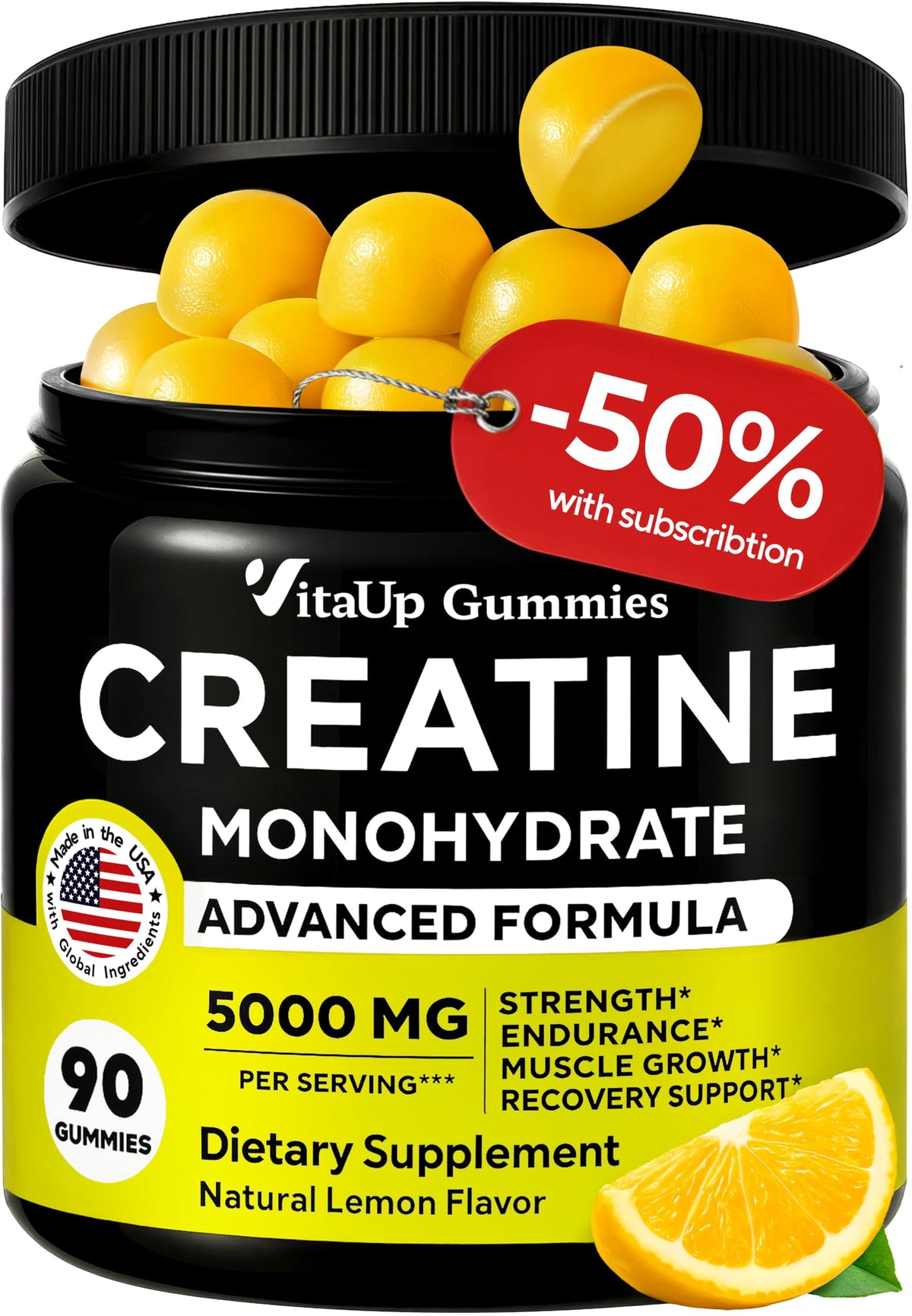 VitaUp Creatine Monohydrate Gummies front view with lemon flavour