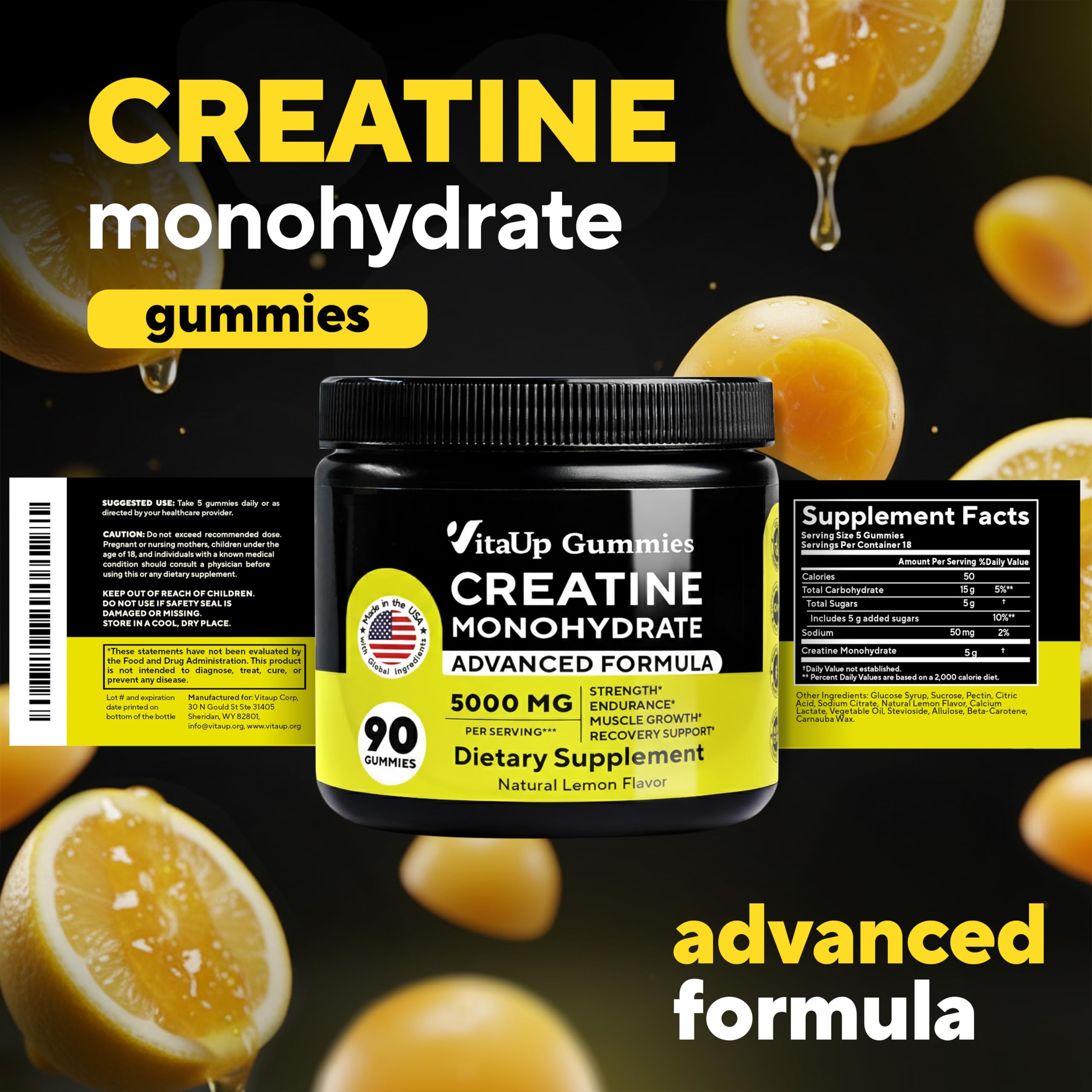 VitaUp Creatine Monohydrate Gummies natural lemon flavour