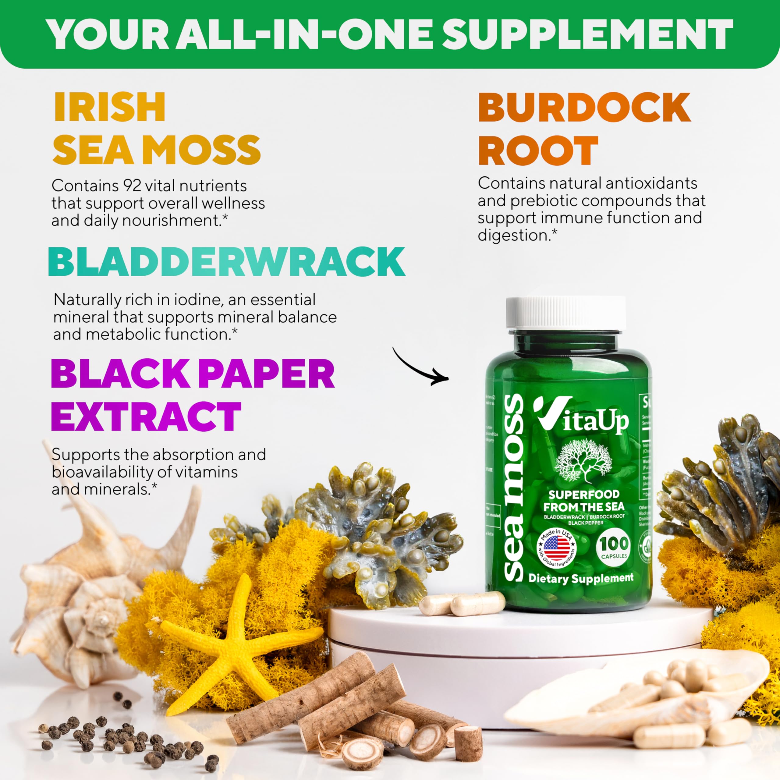 VitaUp Irish Sea Moss Capsules 500mg back view with ingredient list