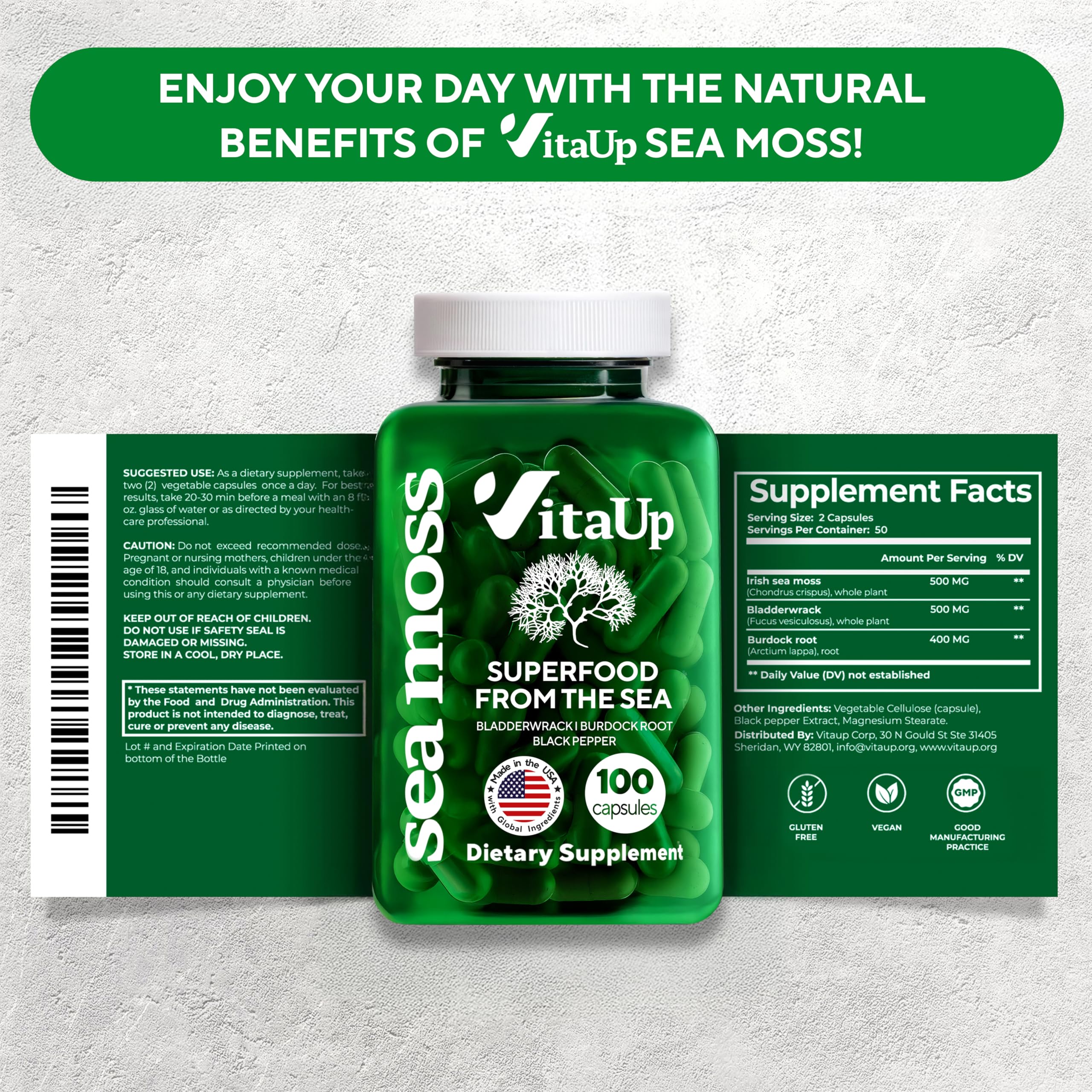 VitaUp Irish Sea Moss Capsules 500mg with lifestyle scene