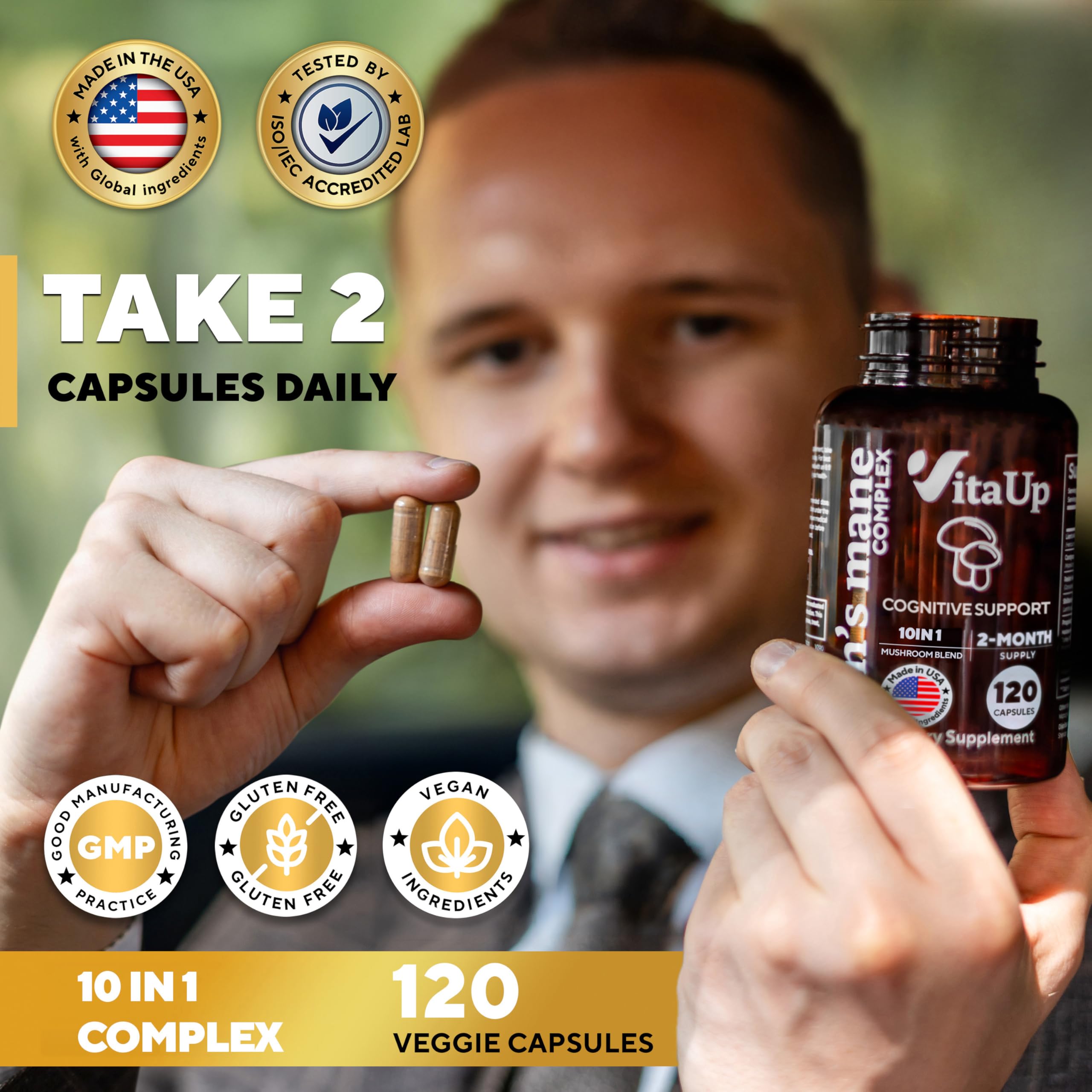 VitaUp Lion's Mane Mushroom Capsules displayed with other supplements